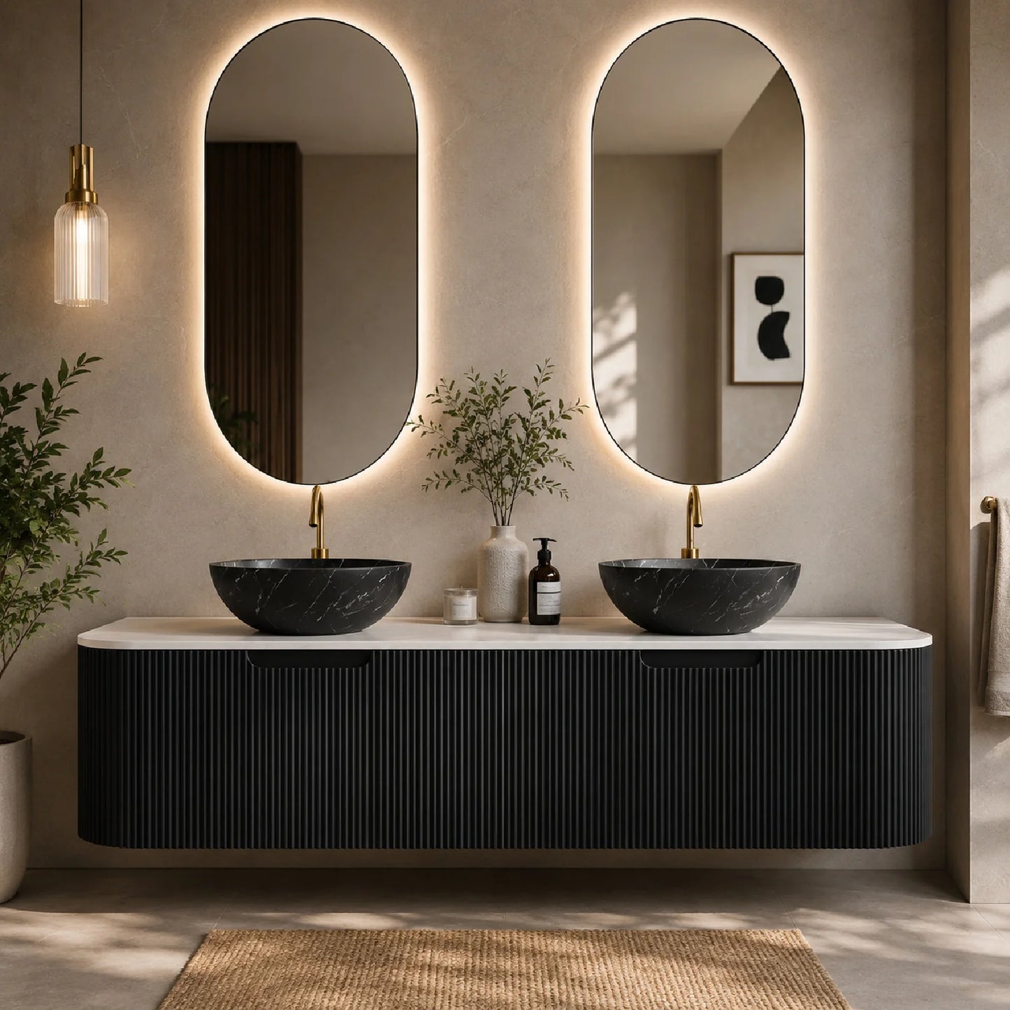 Luxury Modern Matte Black Bathroom Vanity European Style for Villa