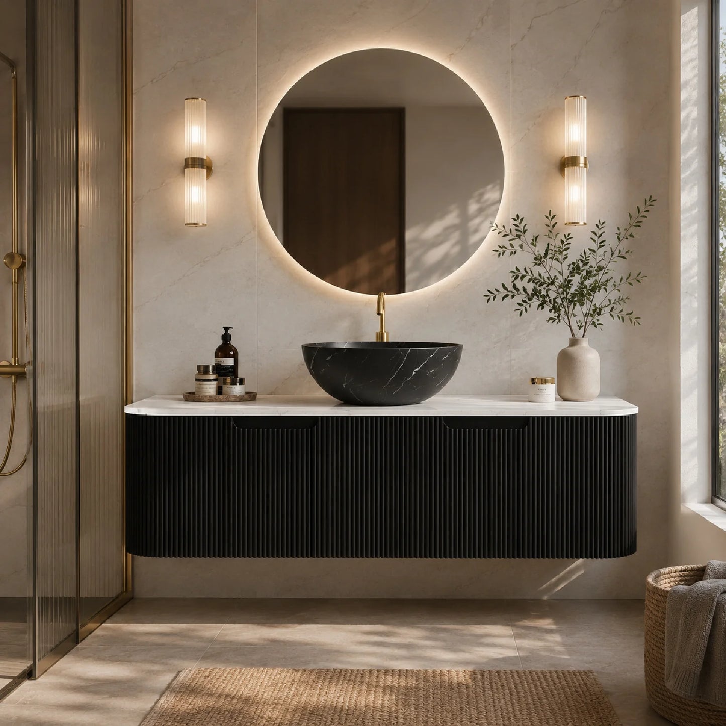 Luxury Modern Matte Black Sintered Stone Bathroom Vanity European Style for Villa