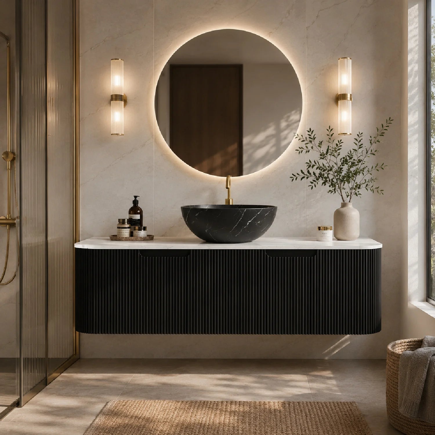 Luxury Modern Matte Black Sintered Stone Bathroom Vanity European Style for Villa