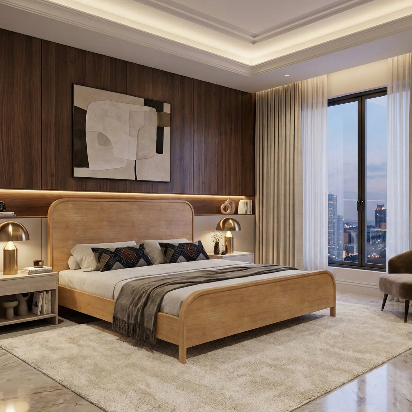 Luxury Modern Natural Acacia Wood Bed European Style for Villa