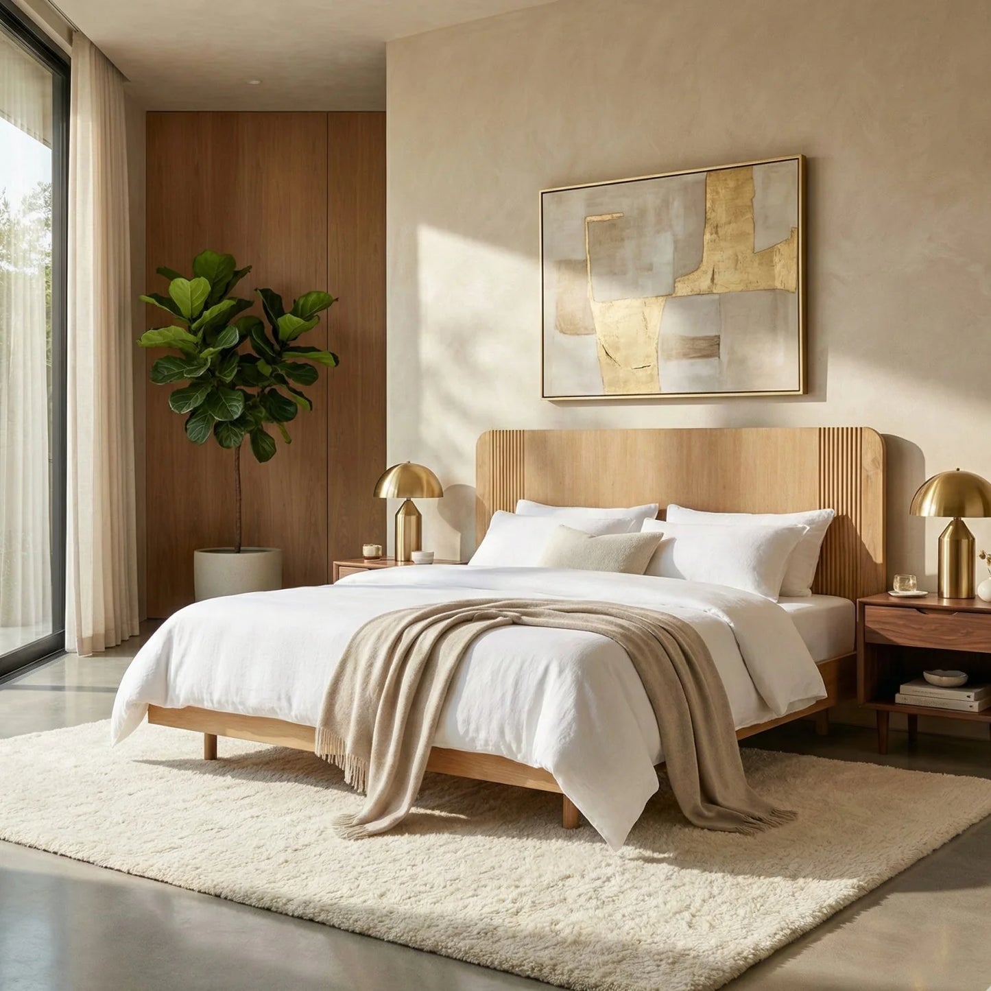 Luxury Modern Natural Acacia Wood Queen Bed European Style for Villa