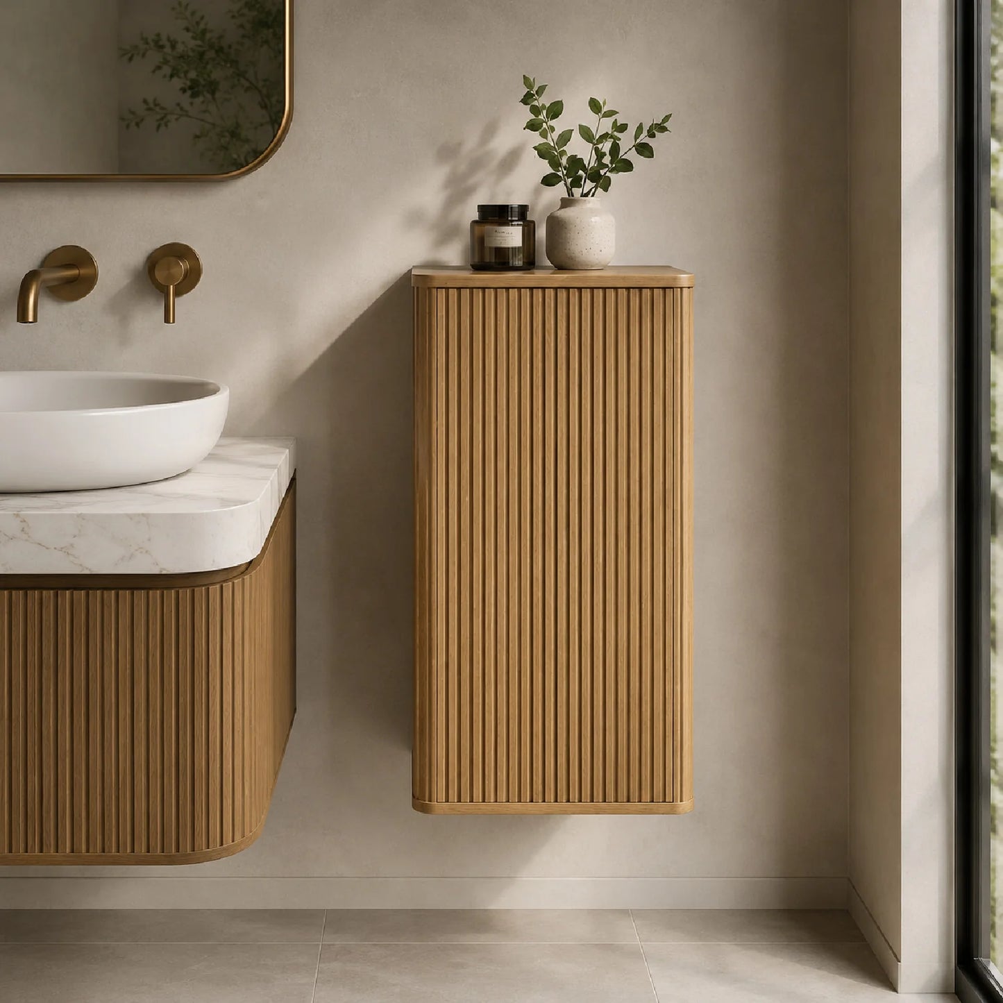 Luxury Modern Natural Oak Bathroom Floating Side Cabinet European Style for Villa