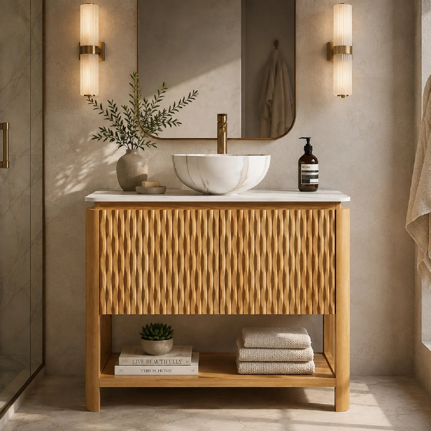 Luxury Modern Natural Wood Bathroom Vanity European Style for Villa