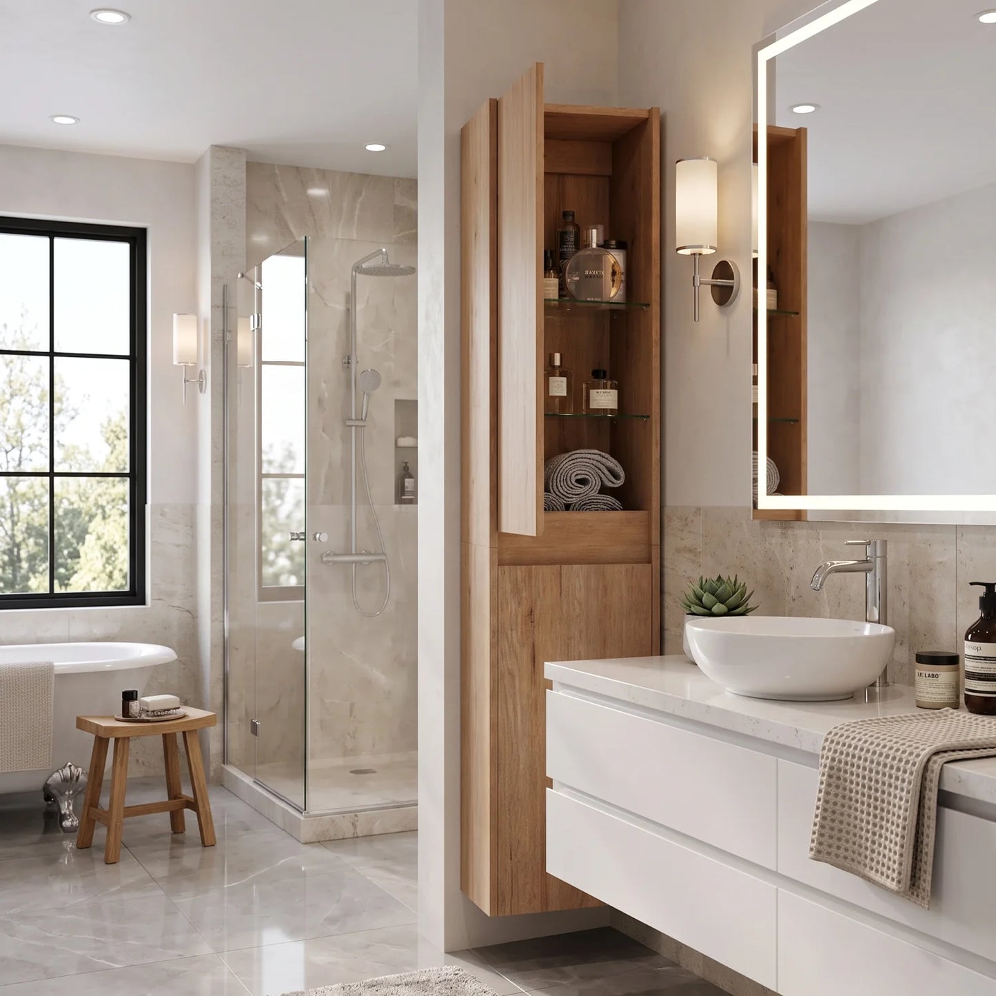 Luxury Modern Oak Bathroom Side Cabinet European Style for Villa