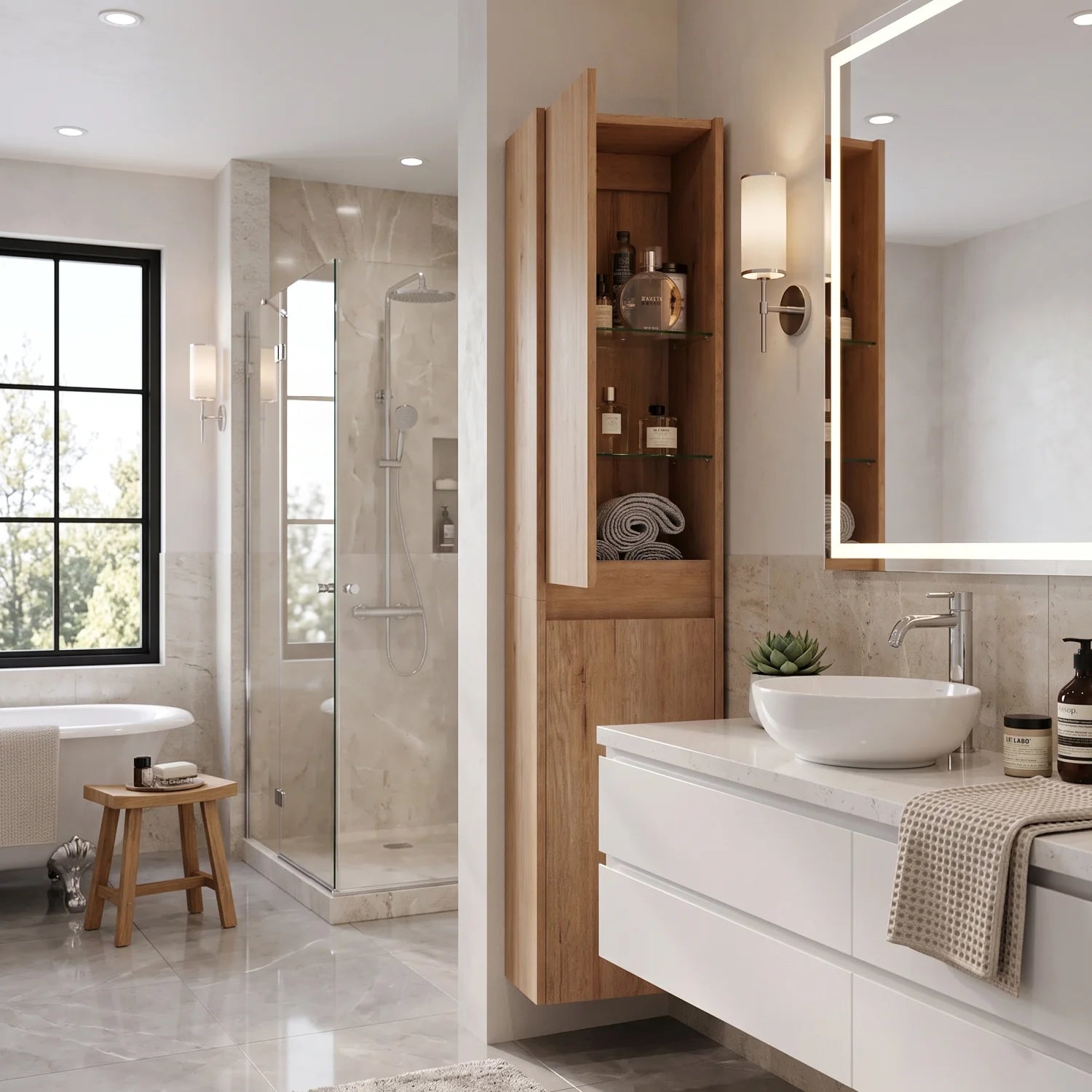 Luxury Modern Oak Bathroom Side Cabinet European Style for Villa
