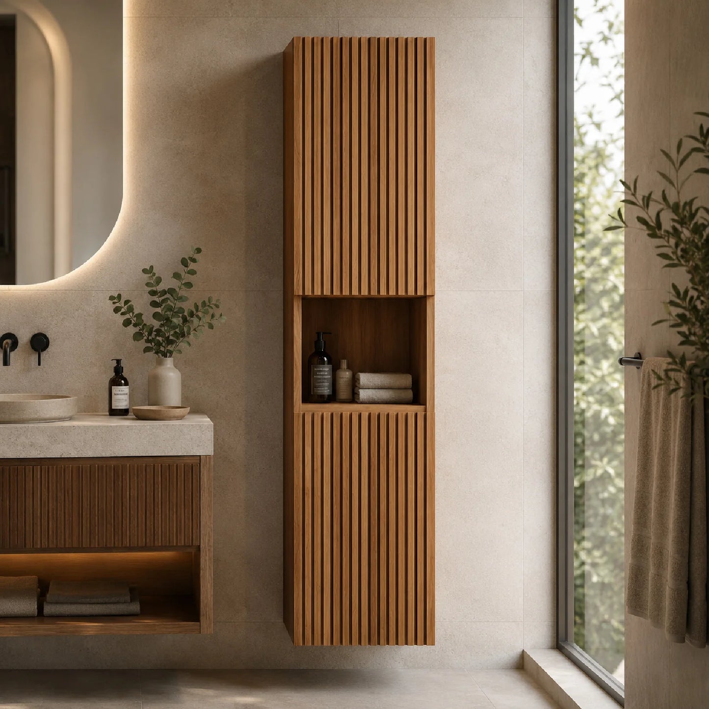 Luxury Modern Oak Bathroom Tall Cabinet European Style for Villa