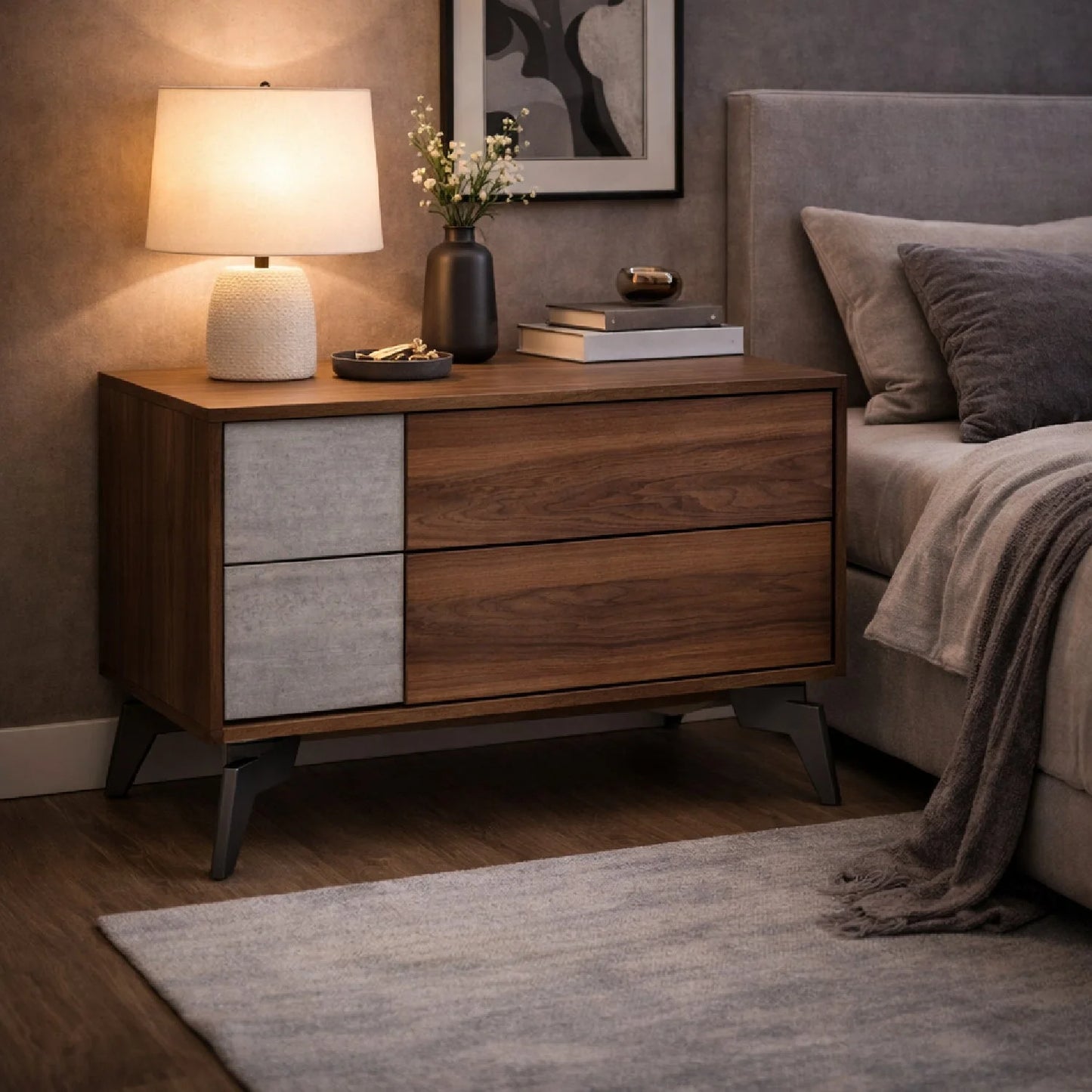 Luxury Modern Palermo Concrete Walnut Nightstand European Style for Villa