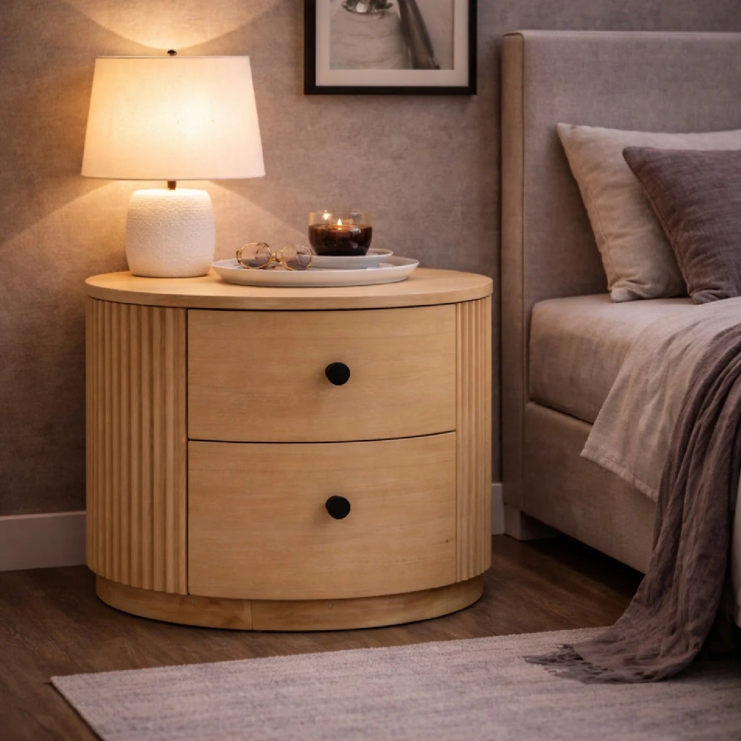 Luxury Modern Ribbed Acacia Nightstand European Style for Villa