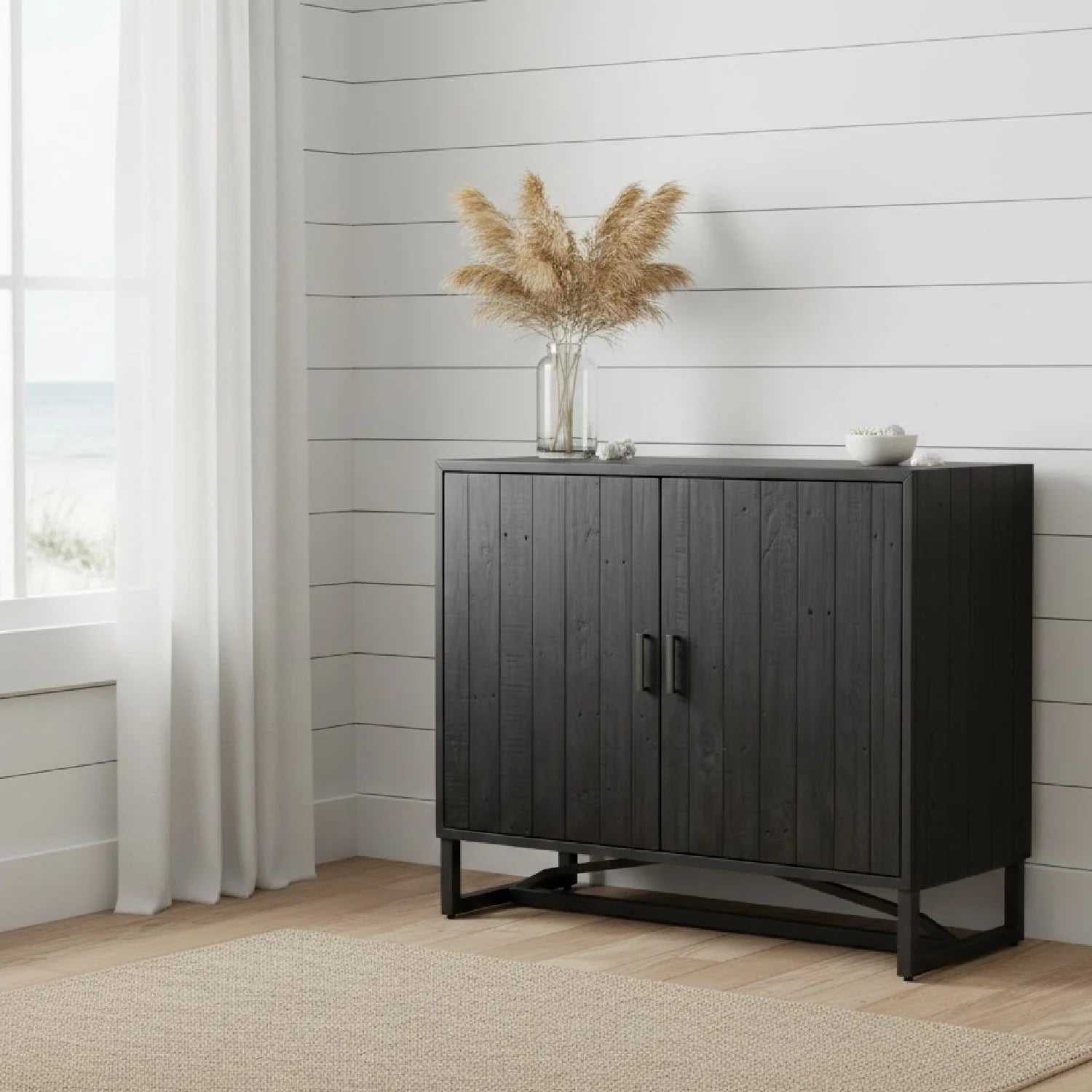 Luxury Modern Slatted Pine 2-Door Cabinet European Style for Villa