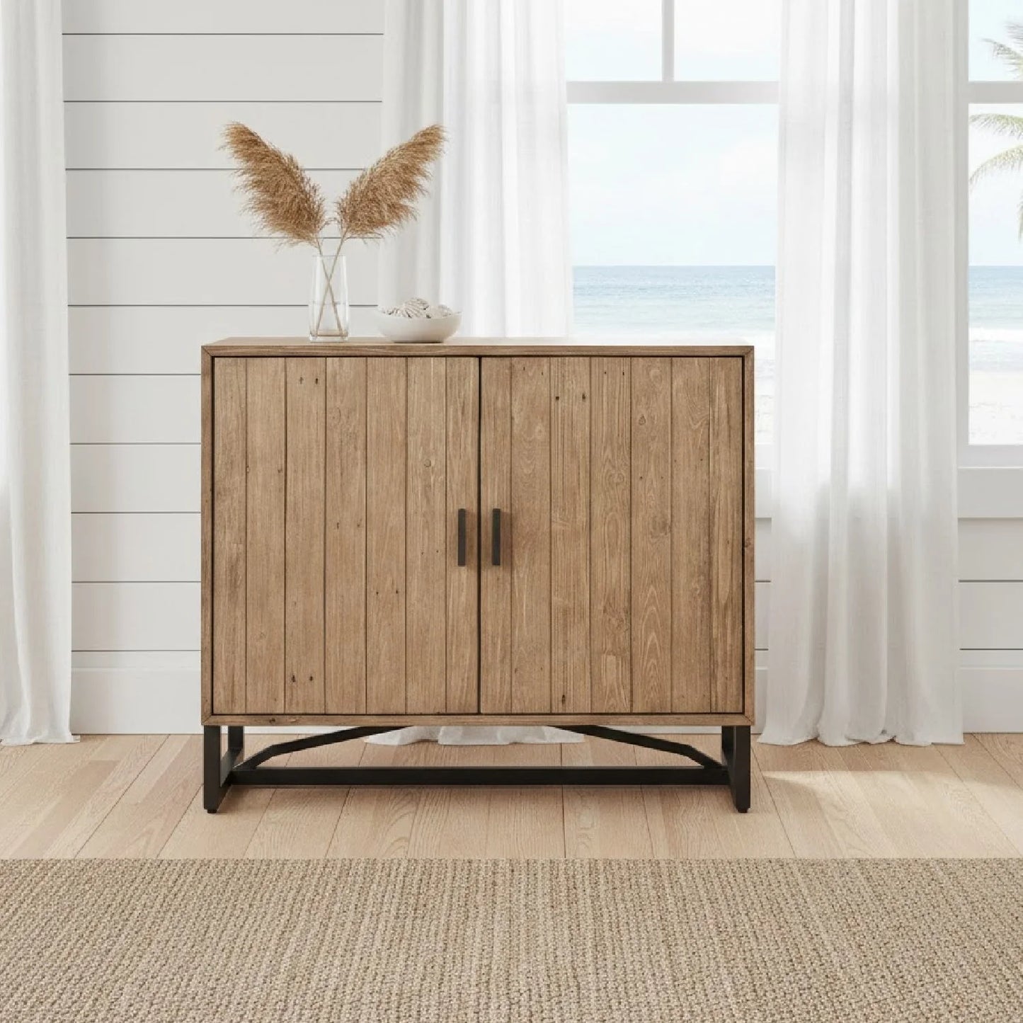 Luxury Modern Slatted Pine 2-Door Cabinet European Style for Villa
