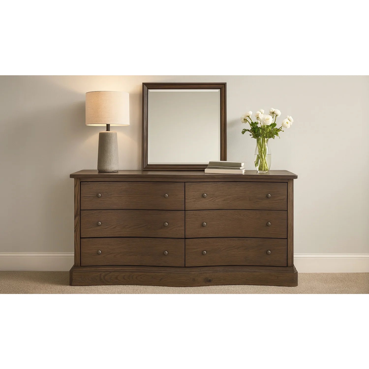 Luxury Modern Solid Oak Curved 6-Drawer Dresser European Style for Villa