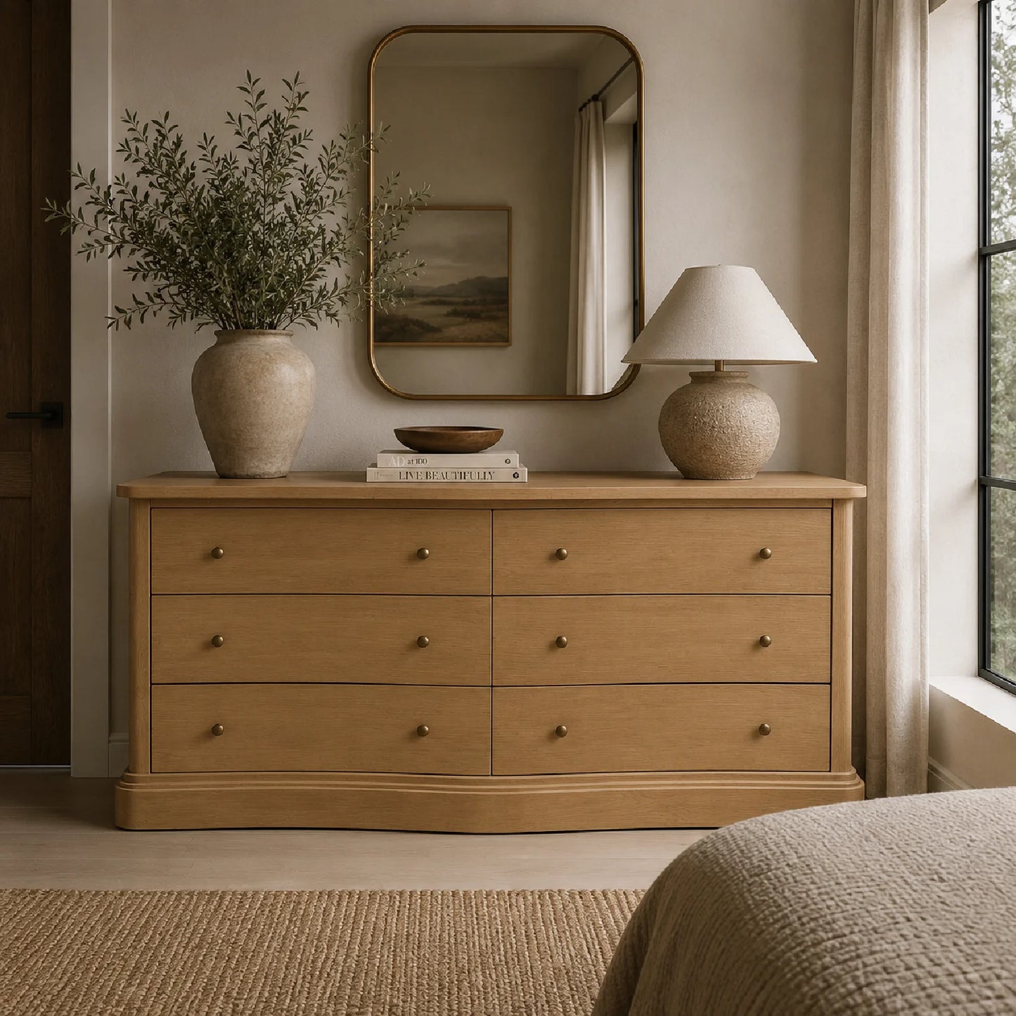 Luxury Modern Solid Oak Curved 6-Drawer Dresser European Style for Villa