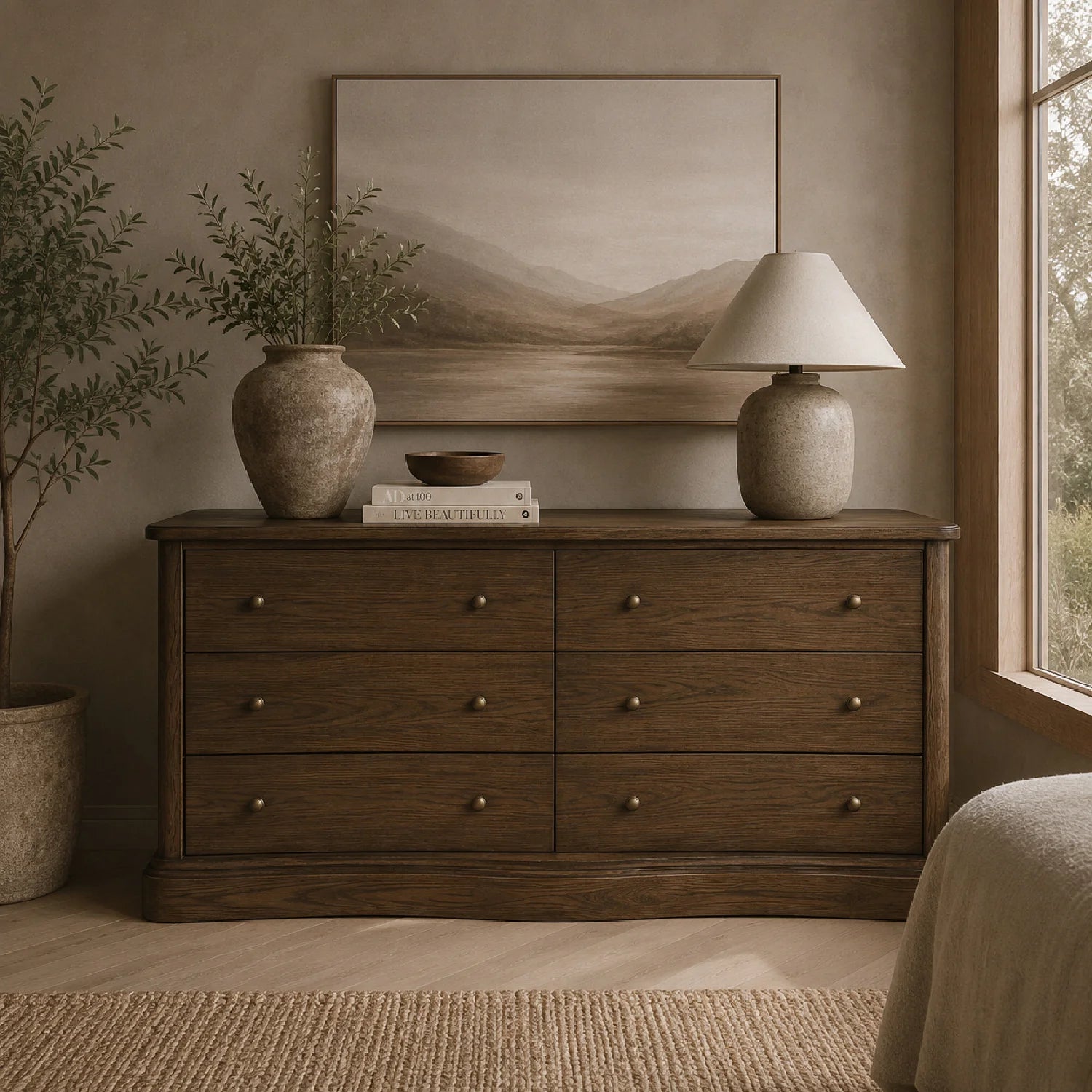 Luxury Modern Solid Oak Curved 6-Drawer Dresser European Style for Villa