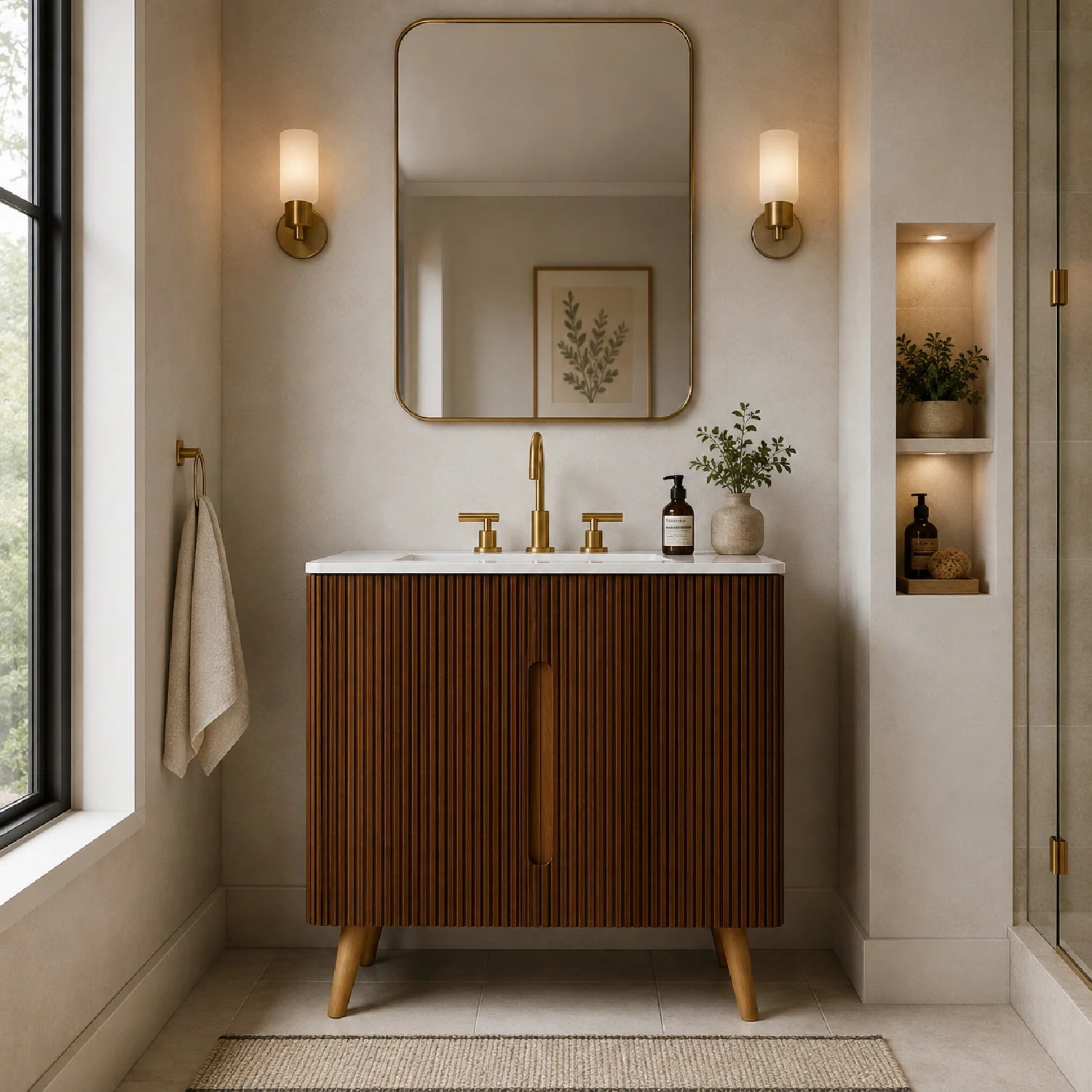 Luxury Modern Striped Walnut Bathroom Vanity European Style for Villa