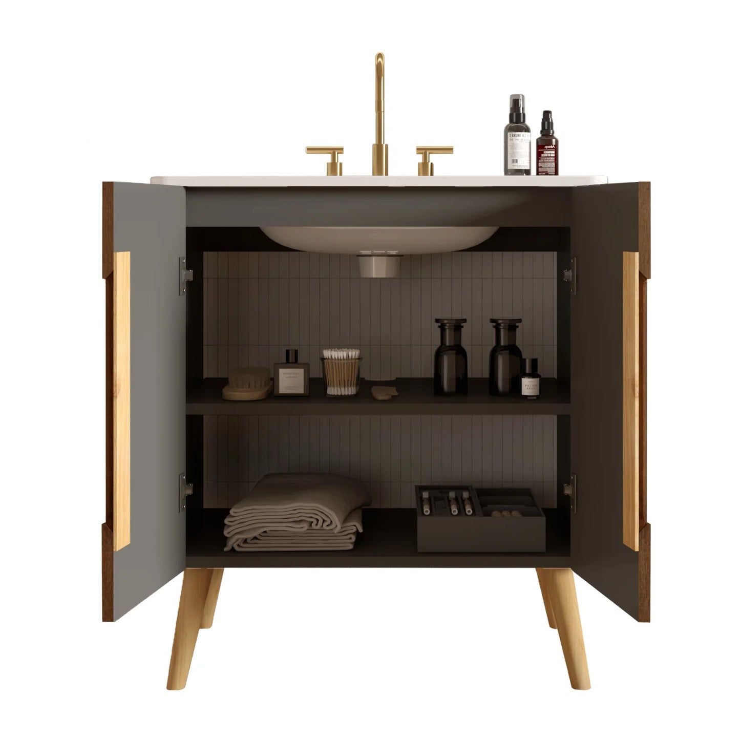 Luxury Modern Striped Walnut Bathroom Vanity European Style for Villa