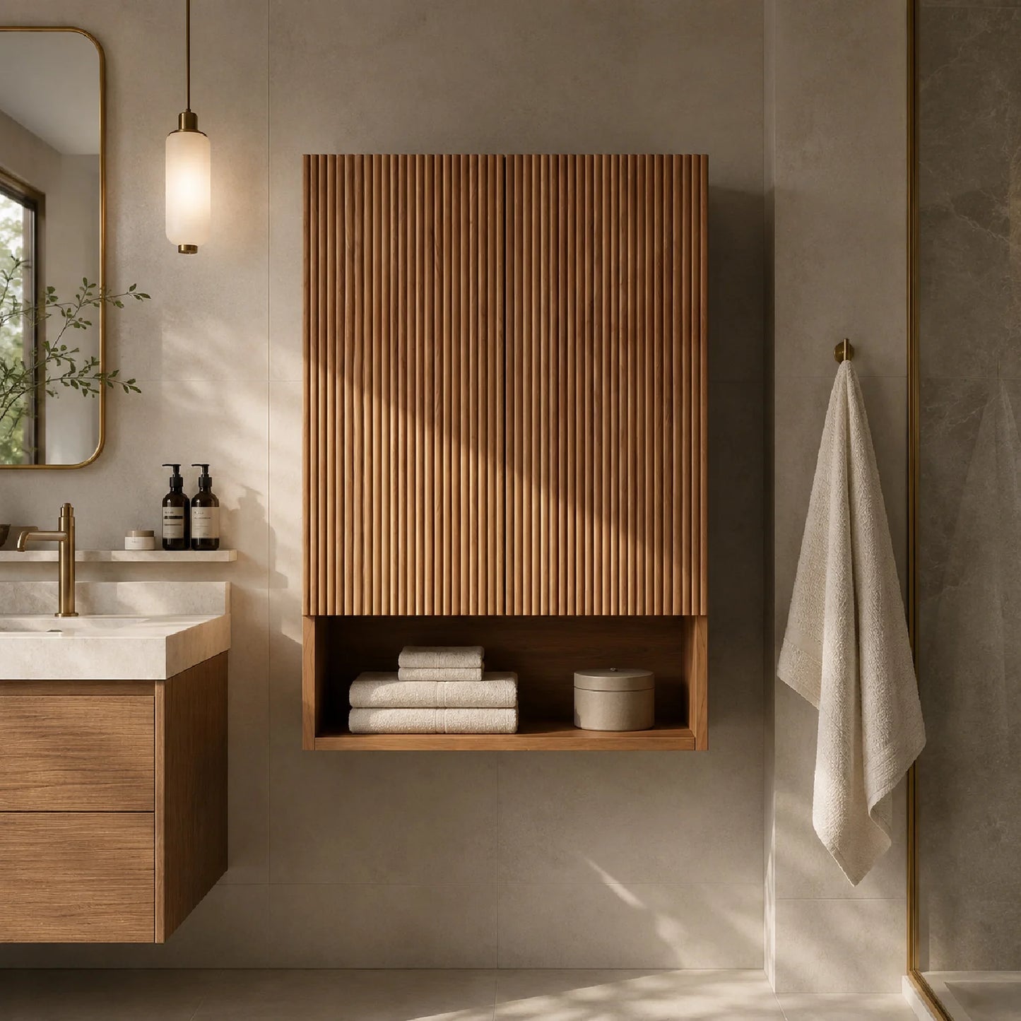Luxury Modern Striped Wood Bathroom Cabinet European Style for Villa