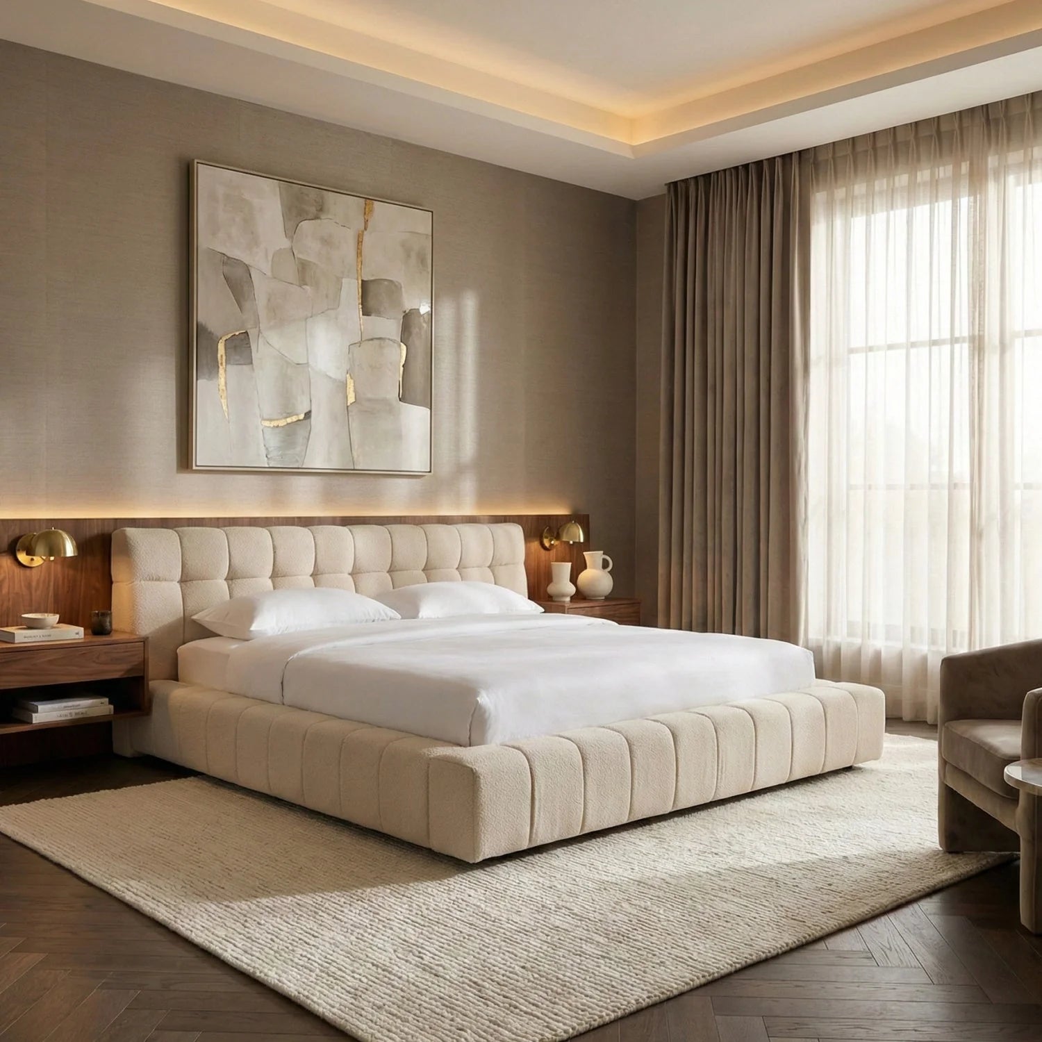 Luxury Modern Tufted Fabric Queen Bed European Style for Villa