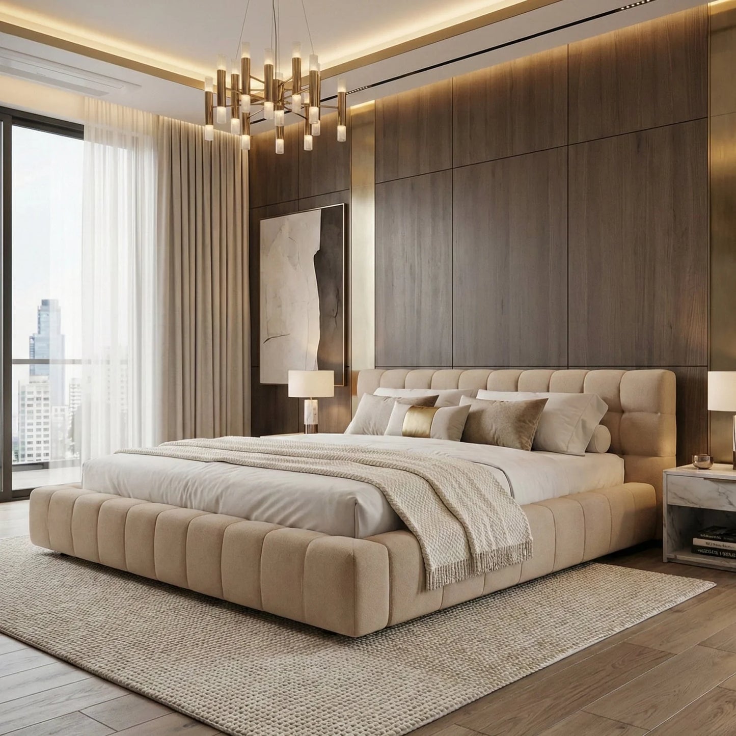 Luxury Modern Tufted Fabric Queen Bed European Style for Villa