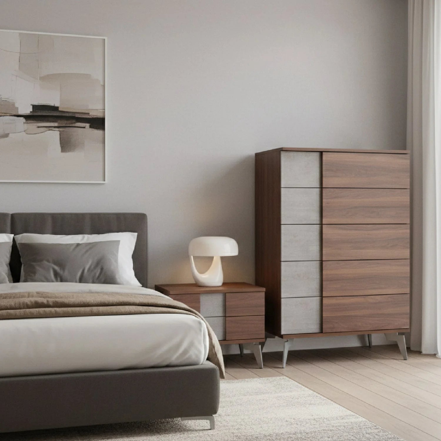 Luxury Modern Walnut Concrete 5-Drawer Chest European Style for Villa
