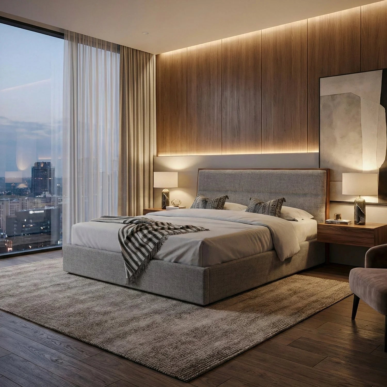 Luxury Modern Walnut Fabric Bed European Style for Villa