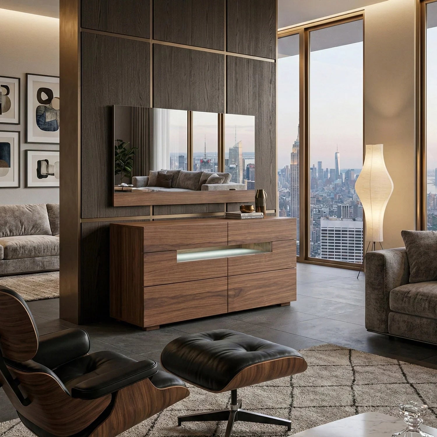 Luxury Modern Walnut LED Dresser European Style for Villa
