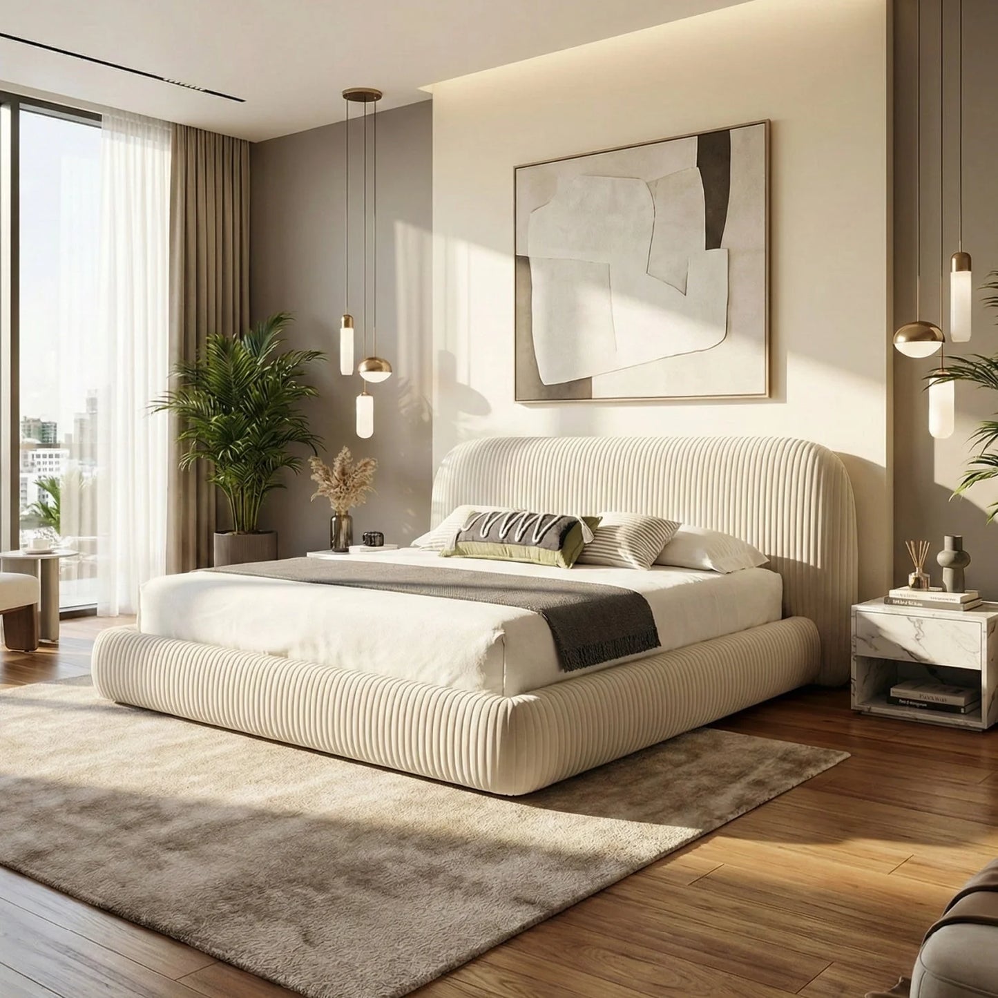 Luxury Modern White Fluted Fabric Bed European Style for Villa