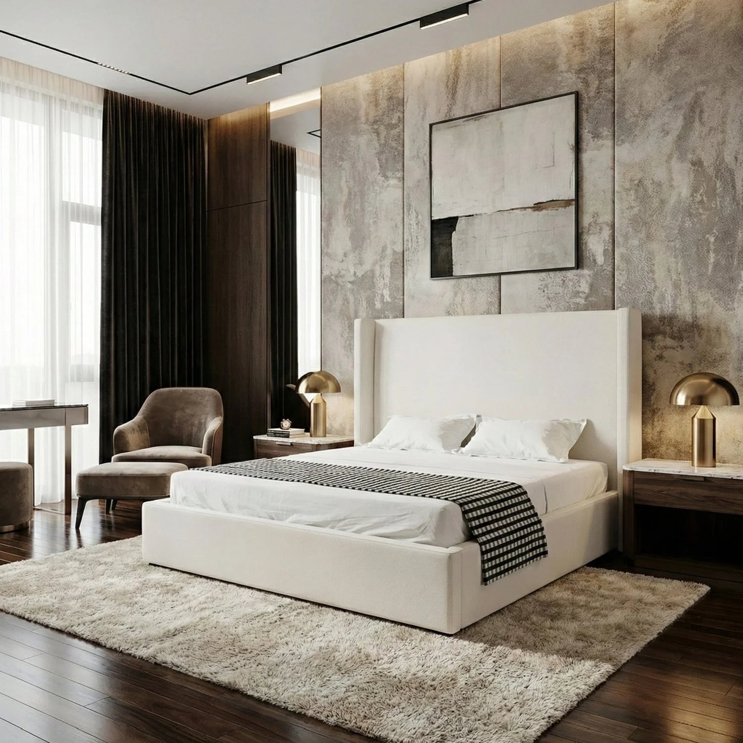 Luxury Modern White Teddy Fabric Bed European Style for Villa