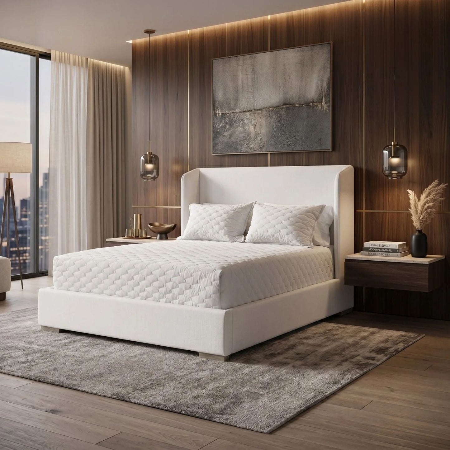 Luxury Modern White Wing Panelled King Bed European Style for Villa