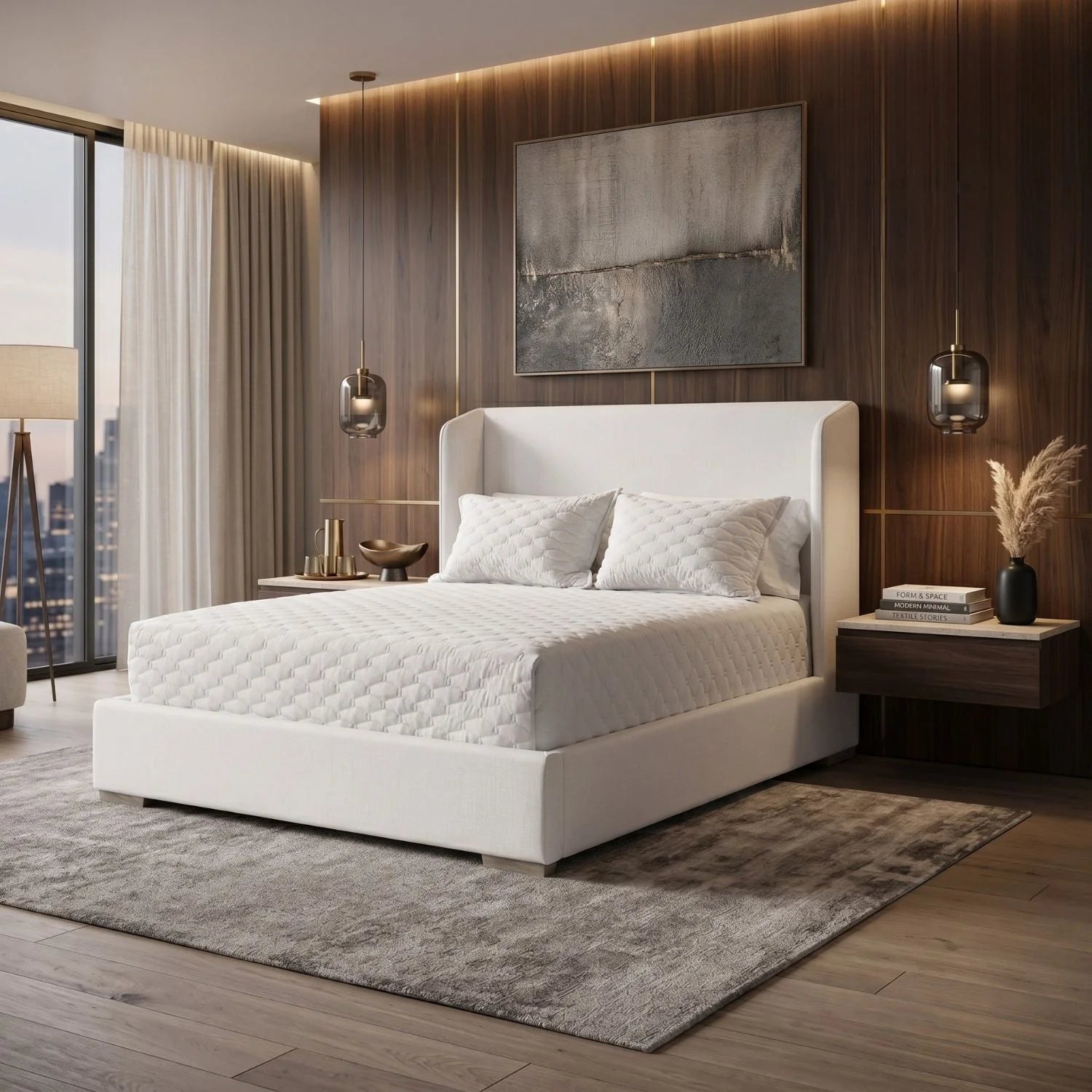 Luxury Modern White Wing Panelled King Bed European Style for Villa