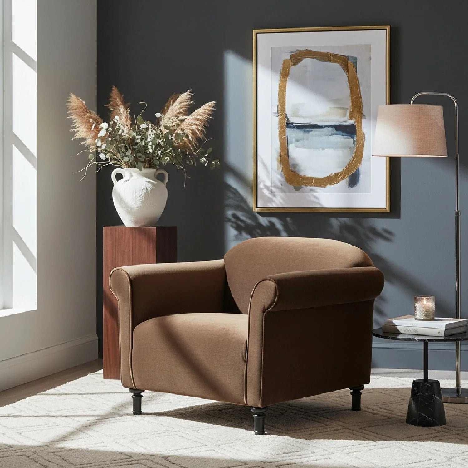 Luxury Mohair Inspired Rolled-Arm Accent Chair Modern Italian Style for Villa