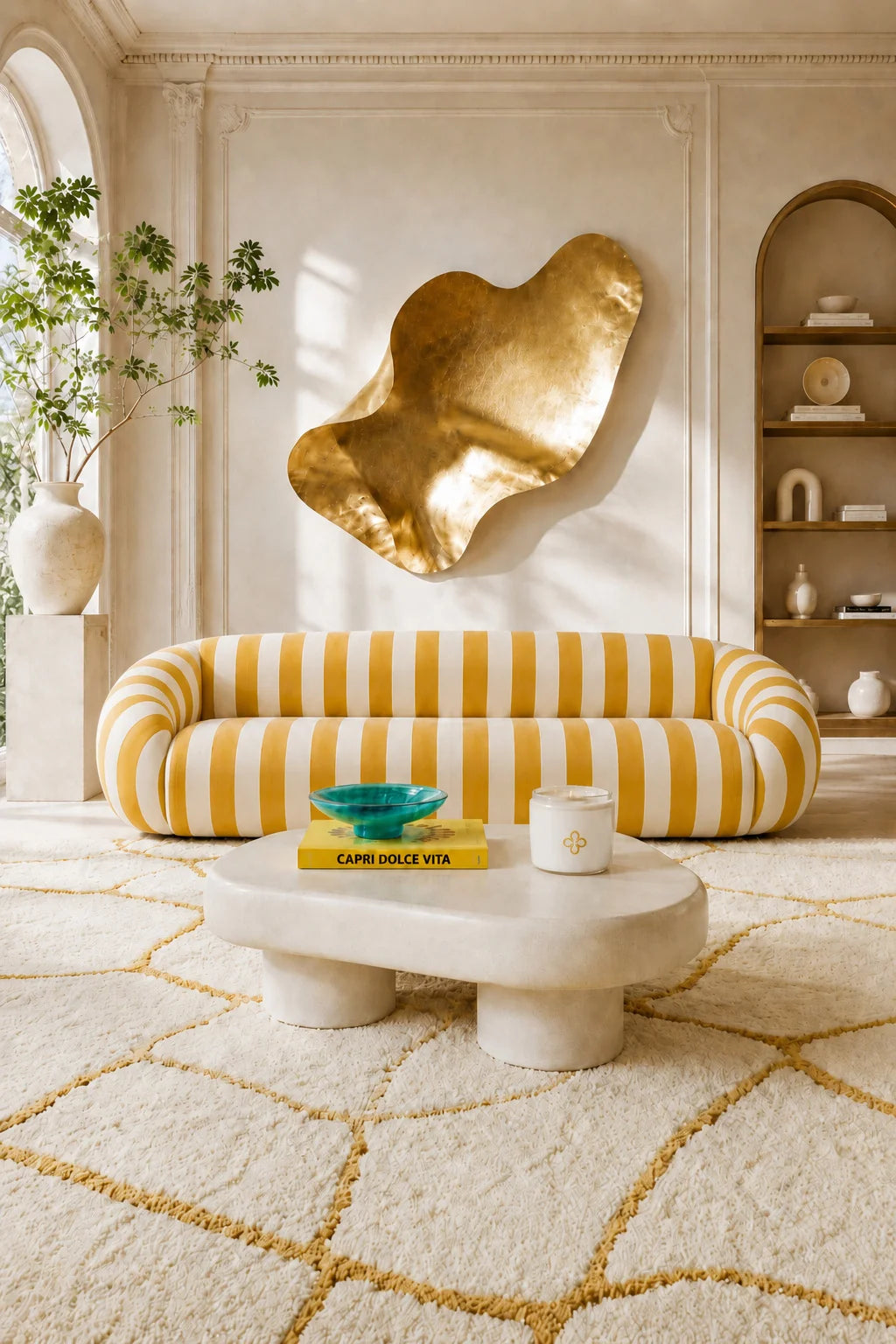 Luxury Mustard Yellow Striped Sofa Modern Italian Style for Villa