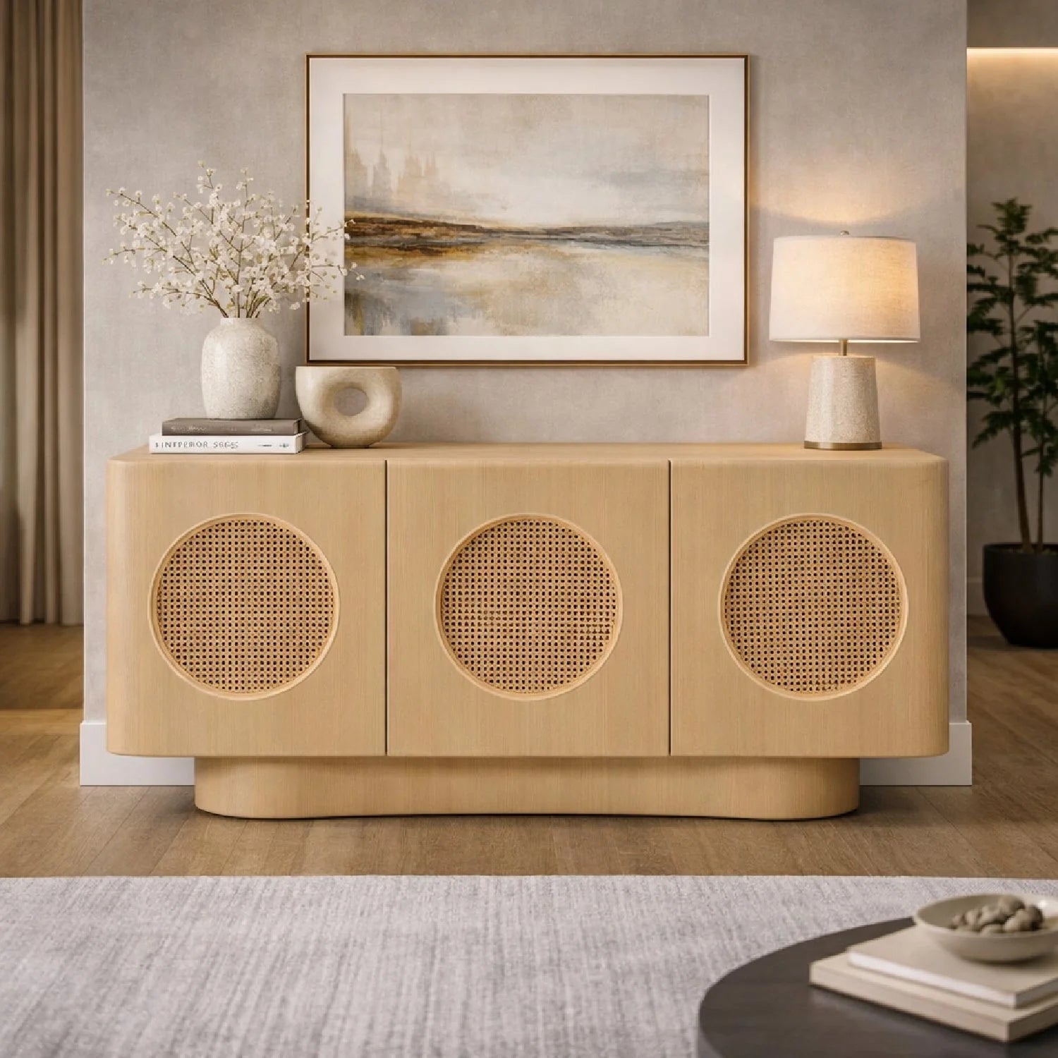 Luxury Natural Ash Rattan Sideboard European Style for Villa