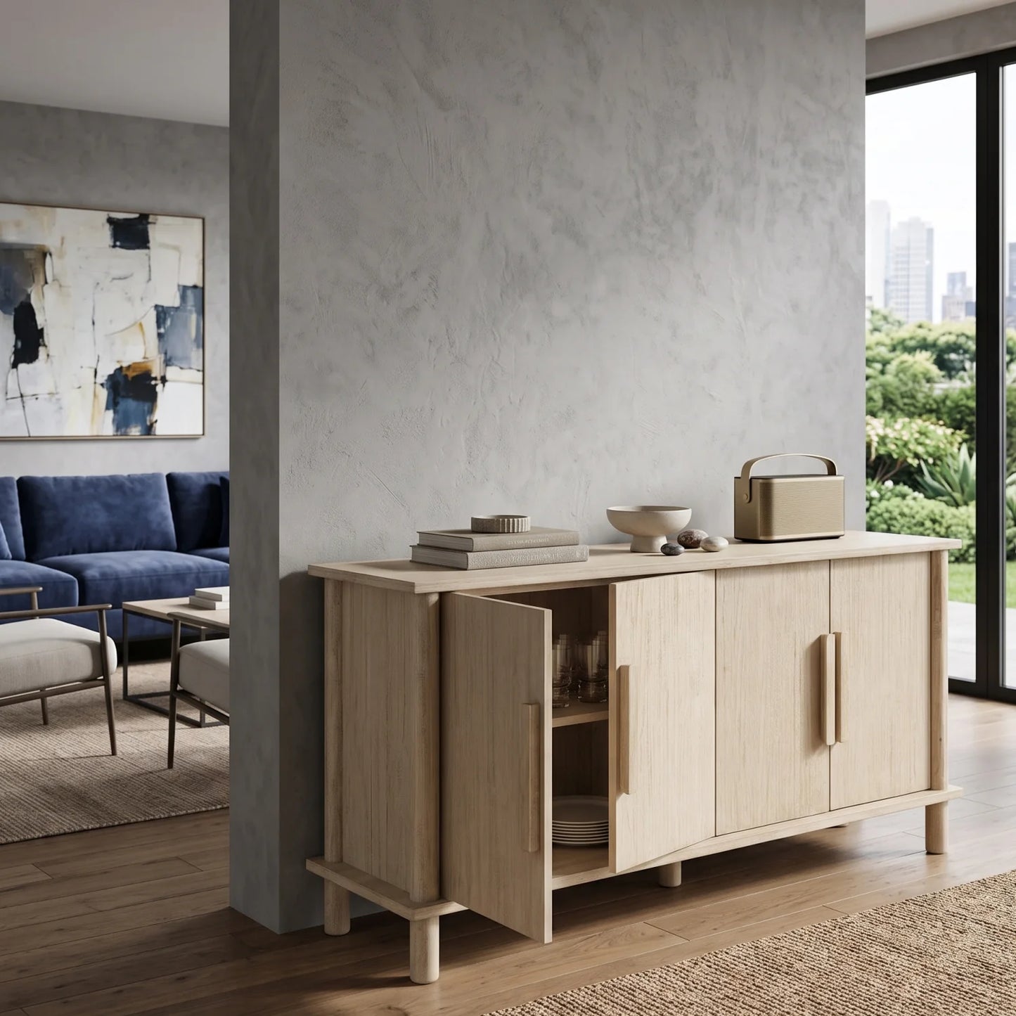 Luxury Natural Cerused Pine 4-Door Sideboard European Style for Villa
