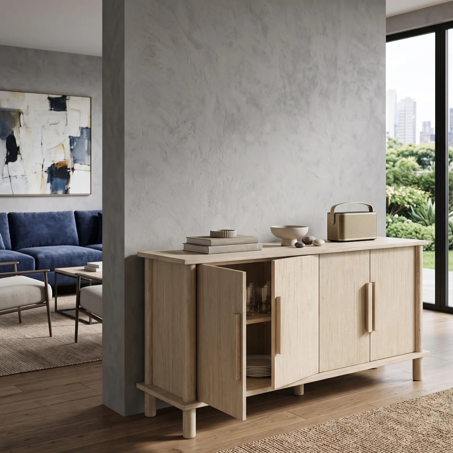 Luxury Natural Cerused Pine 4-Door Sideboard European Style for Villa
