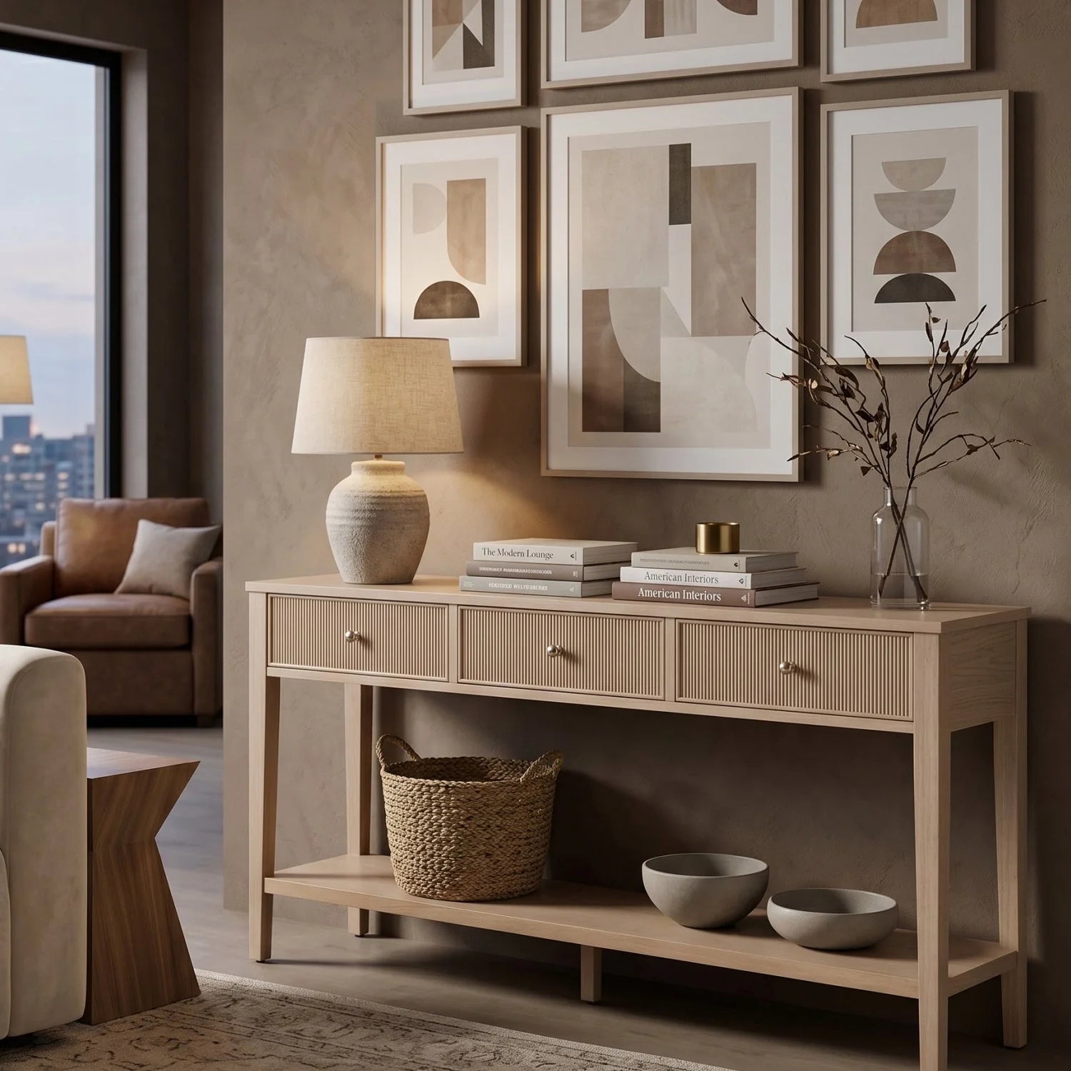 Luxury Natural Oak 3-Drawer Console Table Modern Italian Style for Villa