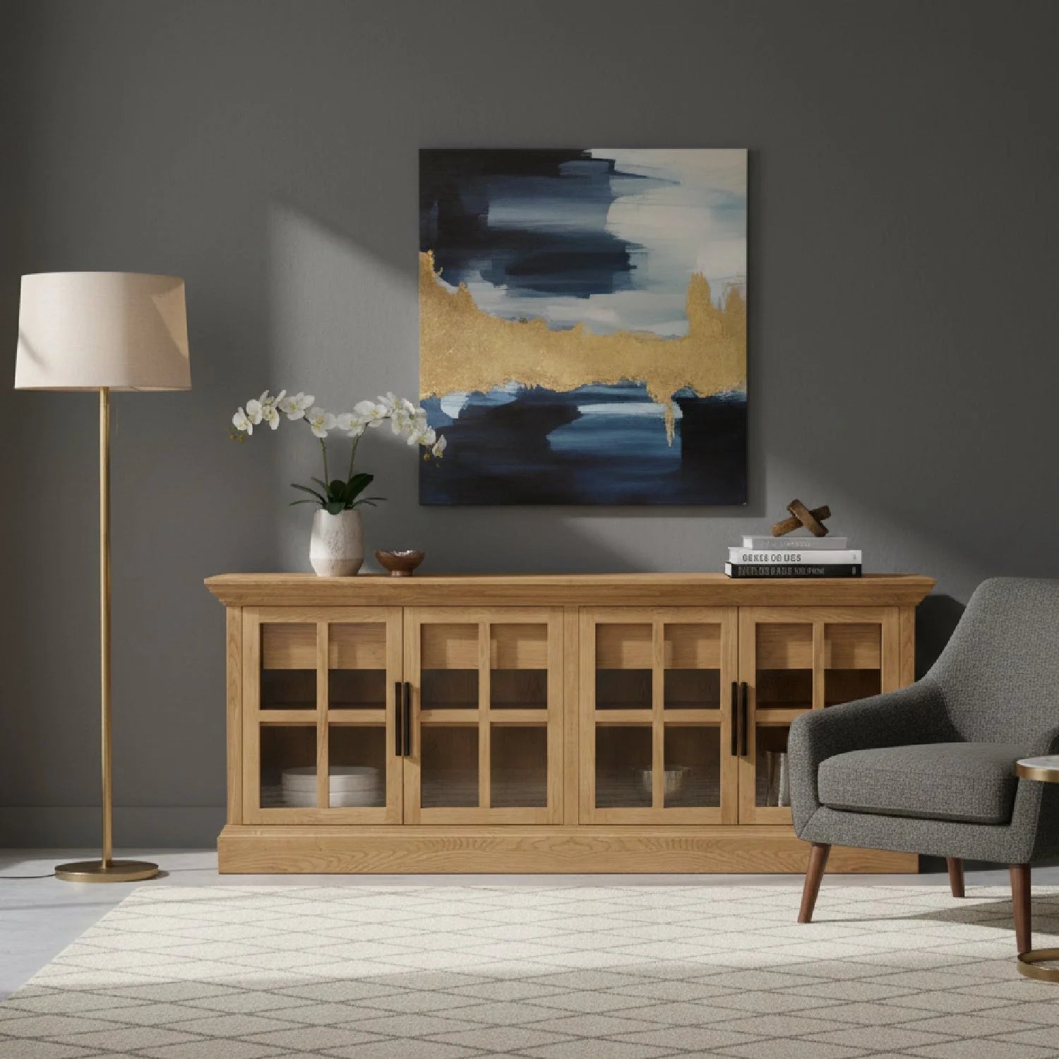 Luxury Natural Oak 4-Door Sideboard European Style for Villa