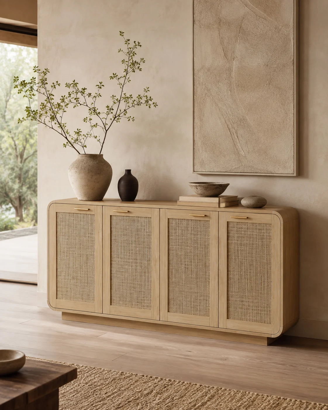 Luxury Natural Rattan 4-Door Sideboard European Style for Villa