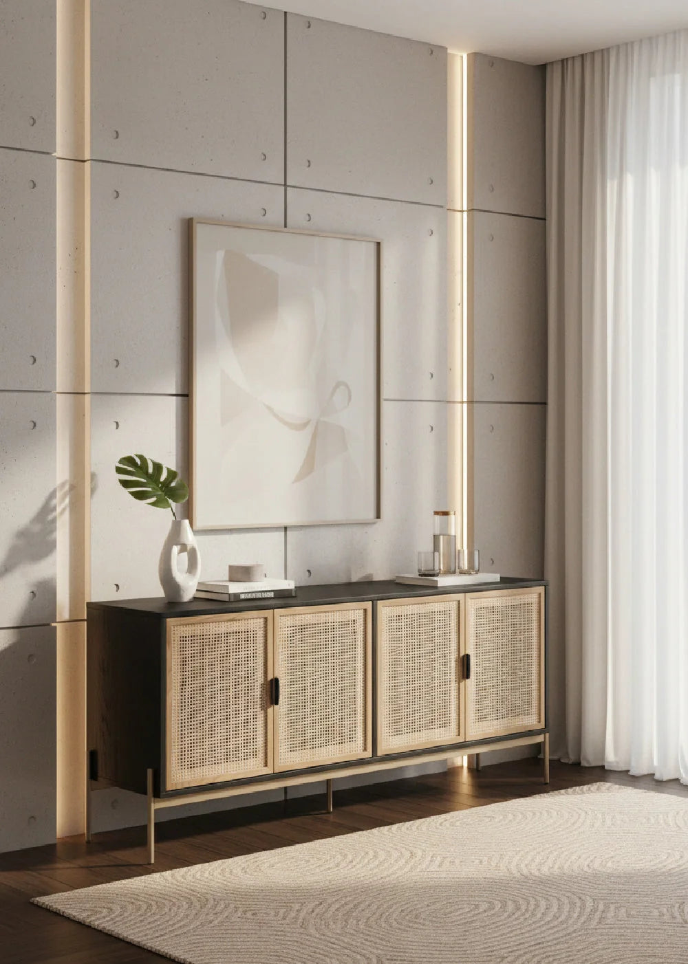 Luxury Natural Rattan 4-Door Sideboard European Style for Villa