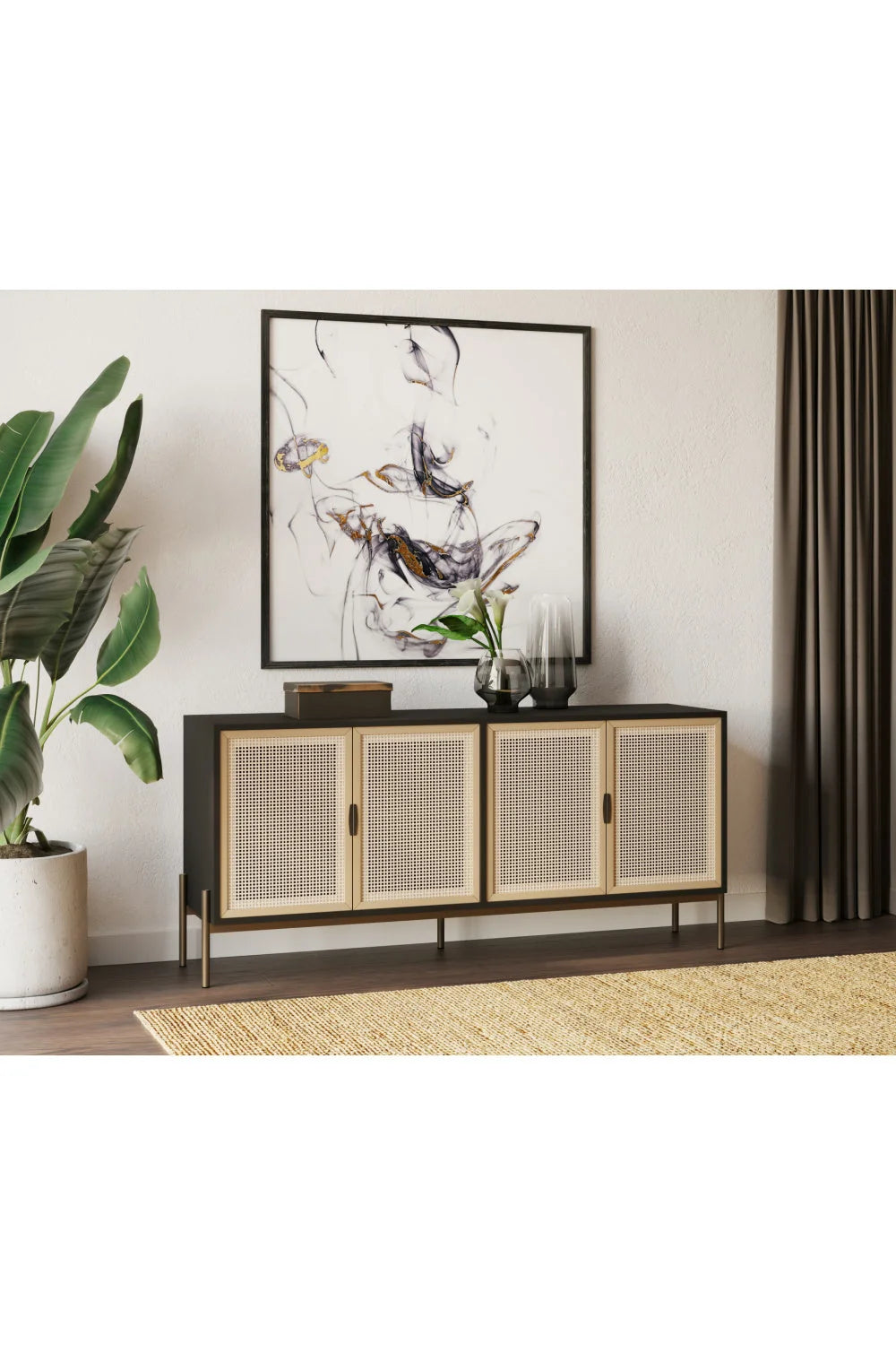Luxury Natural Rattan 4-Door Sideboard European Style for Villa