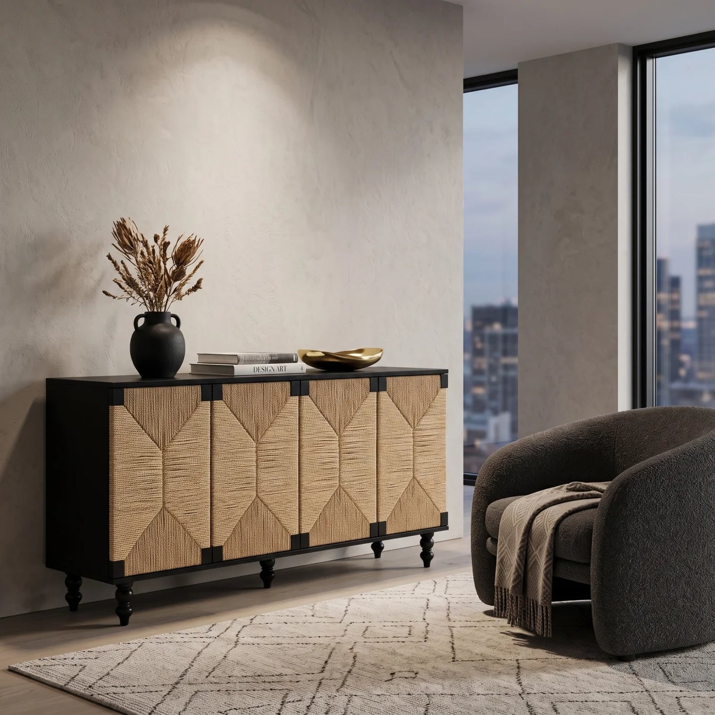 Luxury Natural Wood 4-Door Sideboard European Style for Villa
