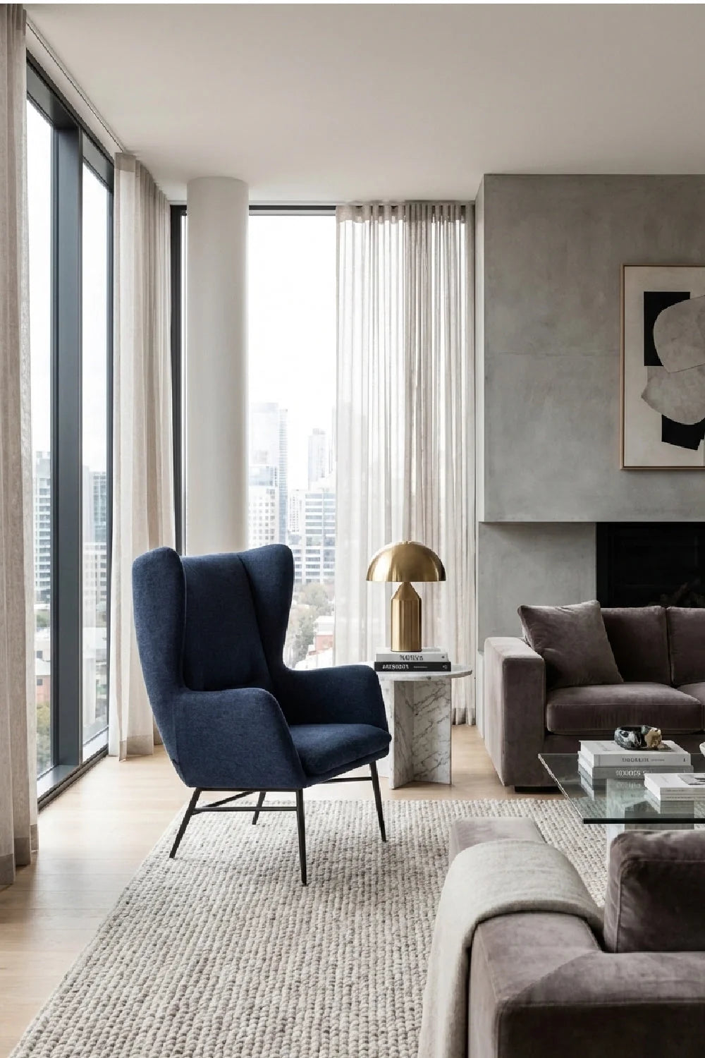 Luxury Navy Blue Wingback Lounge Chair European Style for Villa