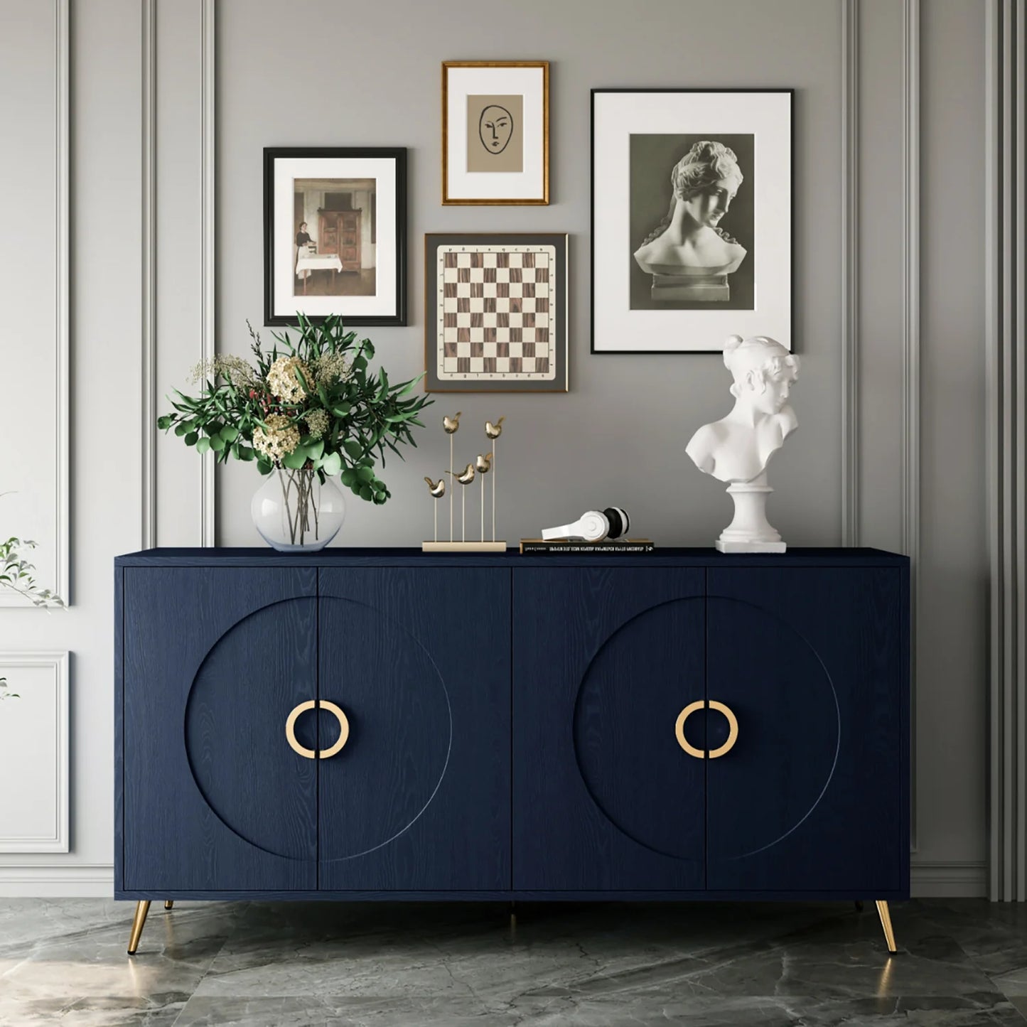 Luxury Navy Blue Wooden Sideboard European Style for Villa