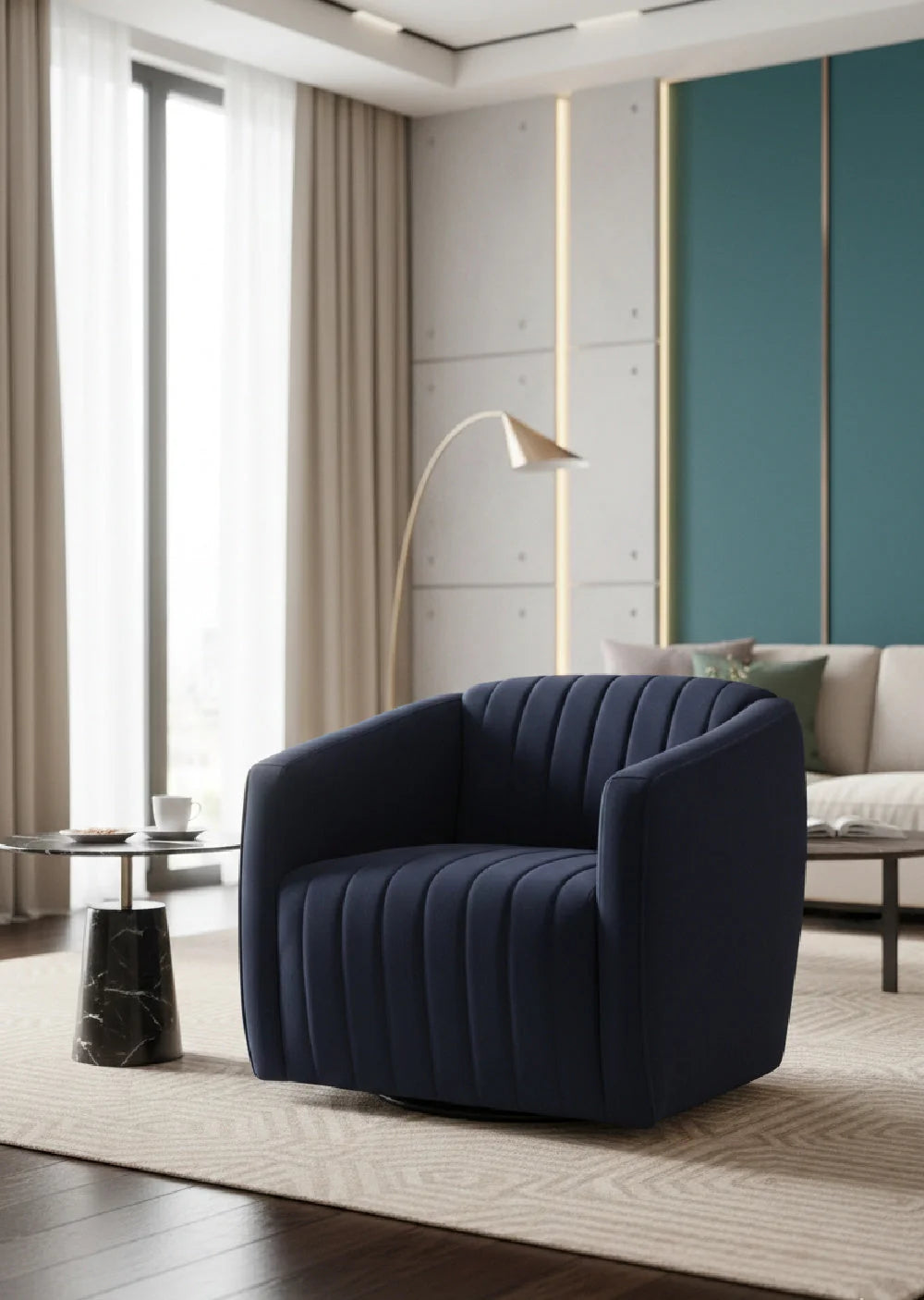 Luxury Navy Fabric Swivel Lounge Chair Modern Italian Style for Villa