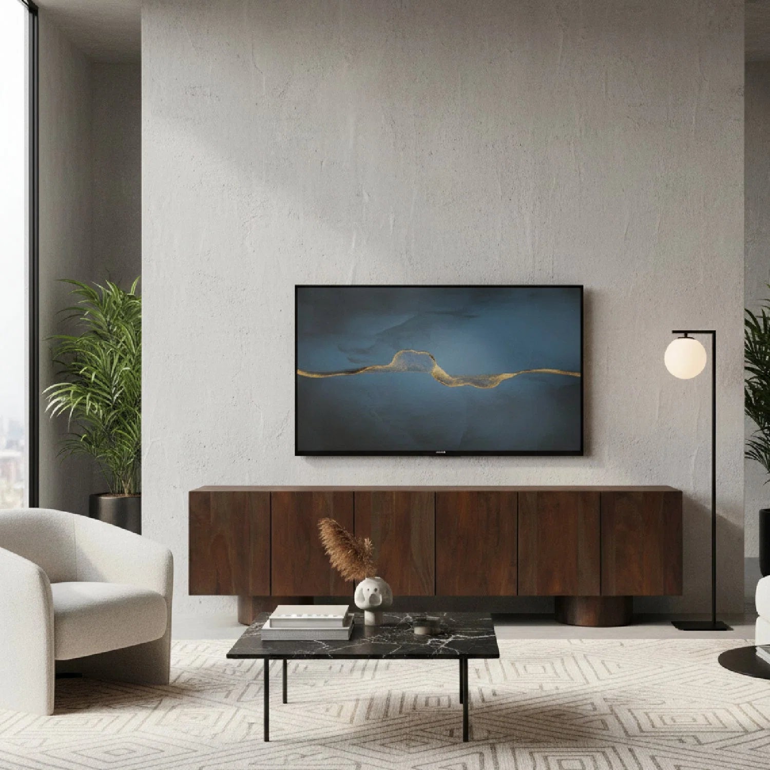 Luxury Neem Wood 6-Door Media Unit Modern Italian Style for Villa