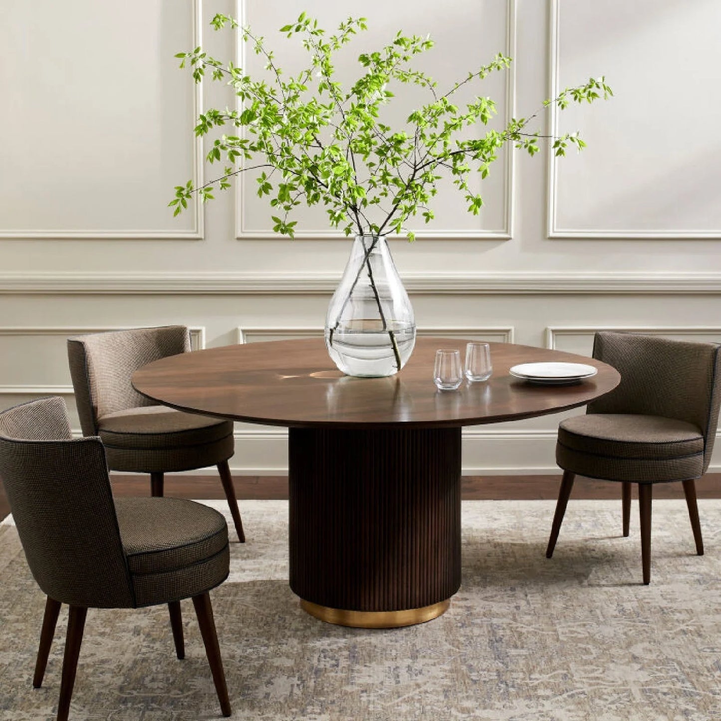 Luxury Nems Reeded Wood Round Dining Table Modern Italian Style for Villa