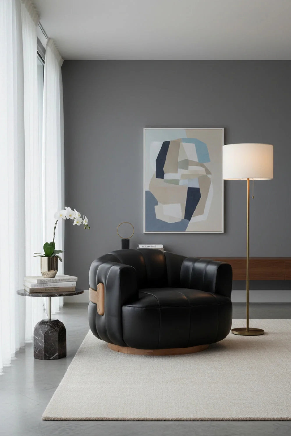 Luxury Oak Base Barrel Swivel Armchair Modern Italian Style for Villa