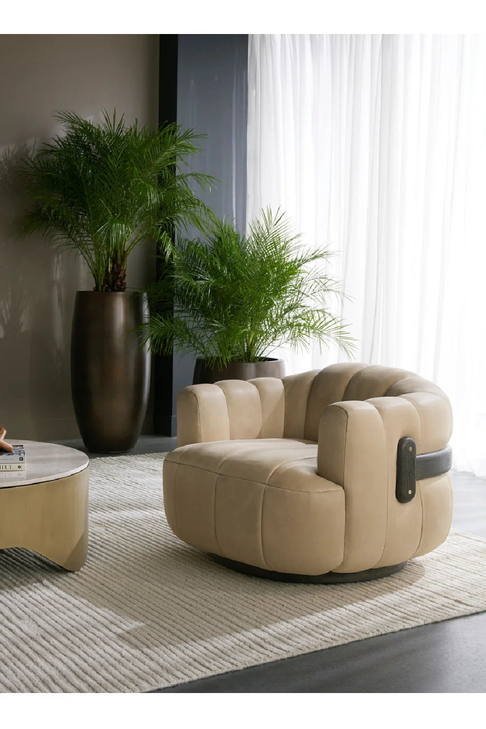 Luxury Oak Base Barrel Swivel Armchair Modern Italian Style for Villa