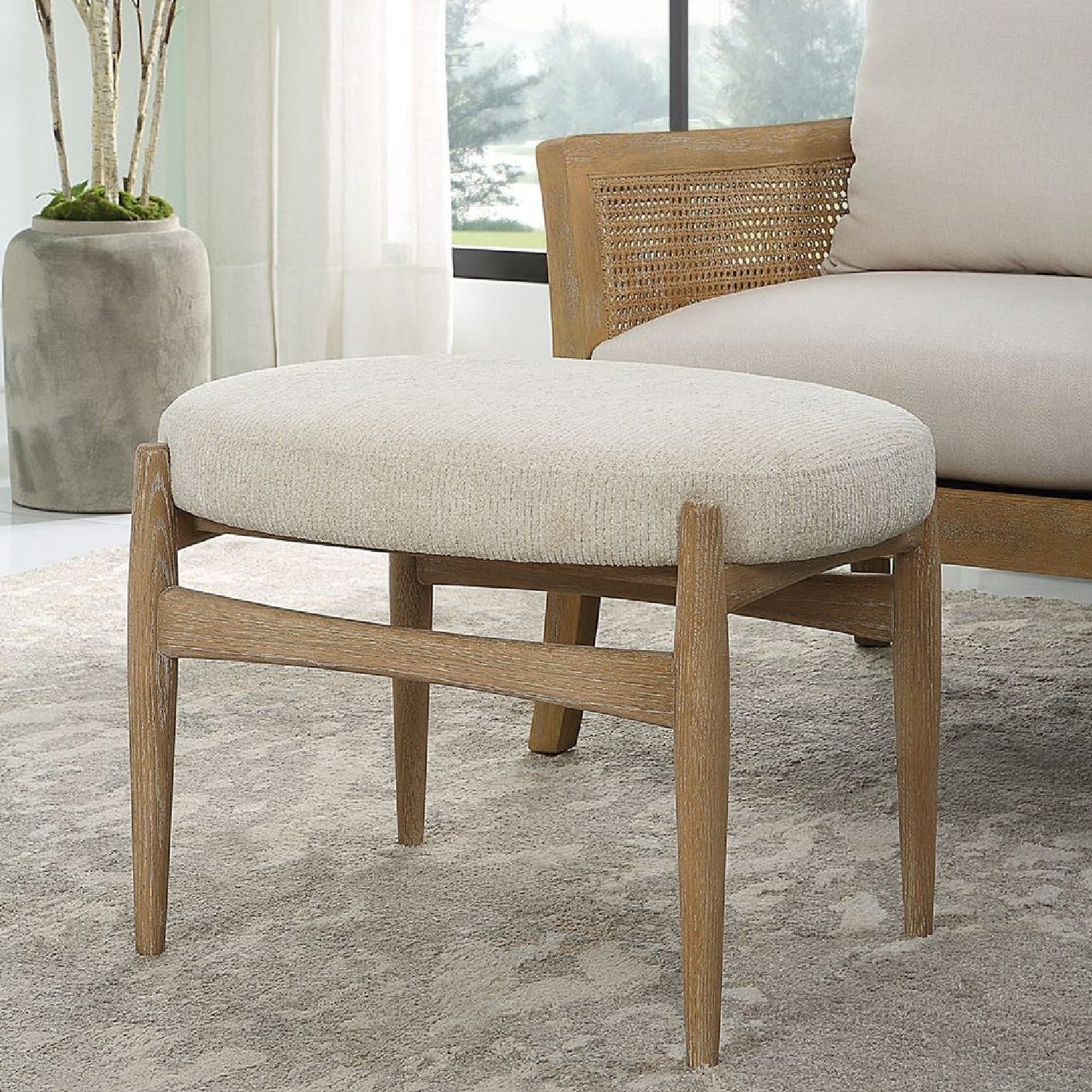 Luxury Oak Base White Fabric Bench European Style for Villa