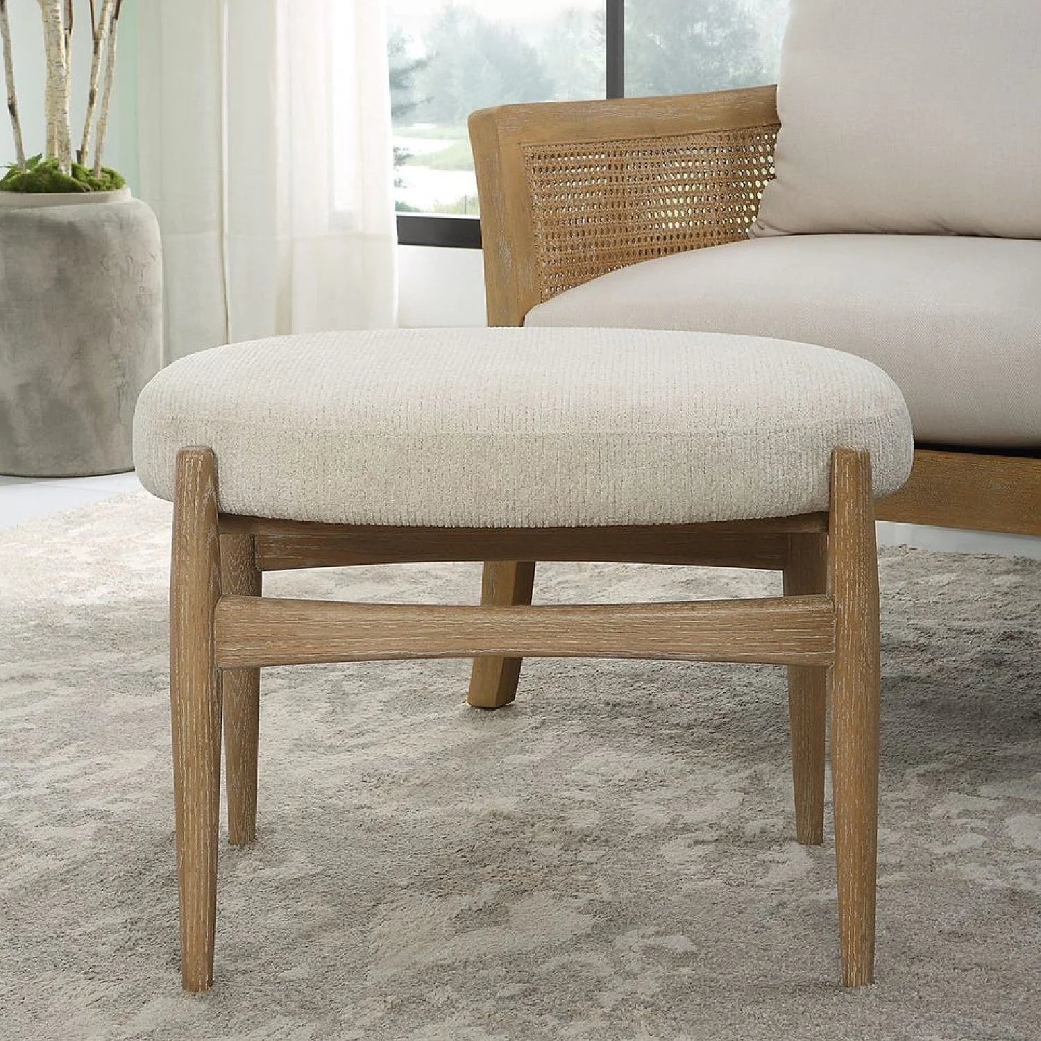 Luxury Oak Base White Fabric Bench European Style for Villa