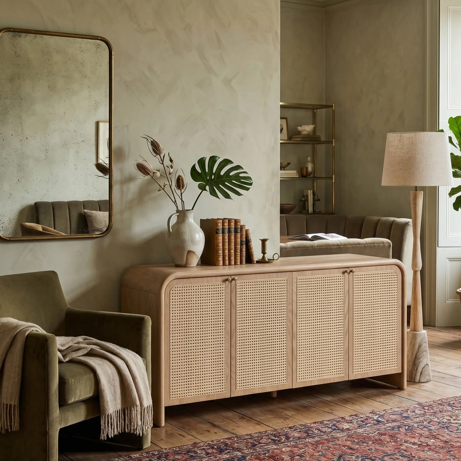 Luxury Oak Cane 4-Door Sideboard European Style for Villa